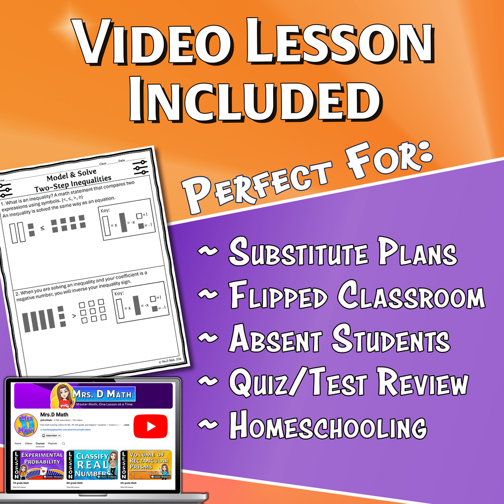 Model & Solve Two-Step Inequalities Video Lesson Worksheet | 7th grade