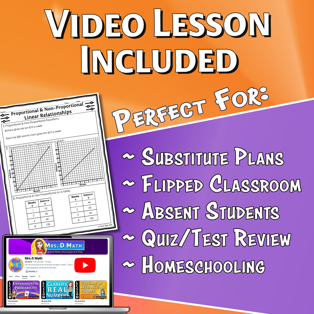 Proportional & Non-Proportional Linear Relationships Video Lesson Worksheet | 7th grade