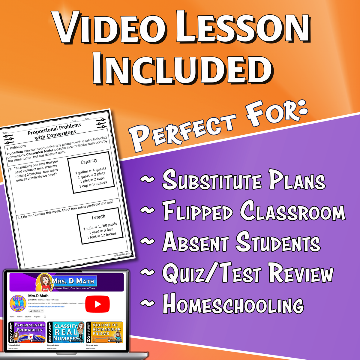 Proportional Problems with Conversions Video Lesson Worksheet | 7th grade