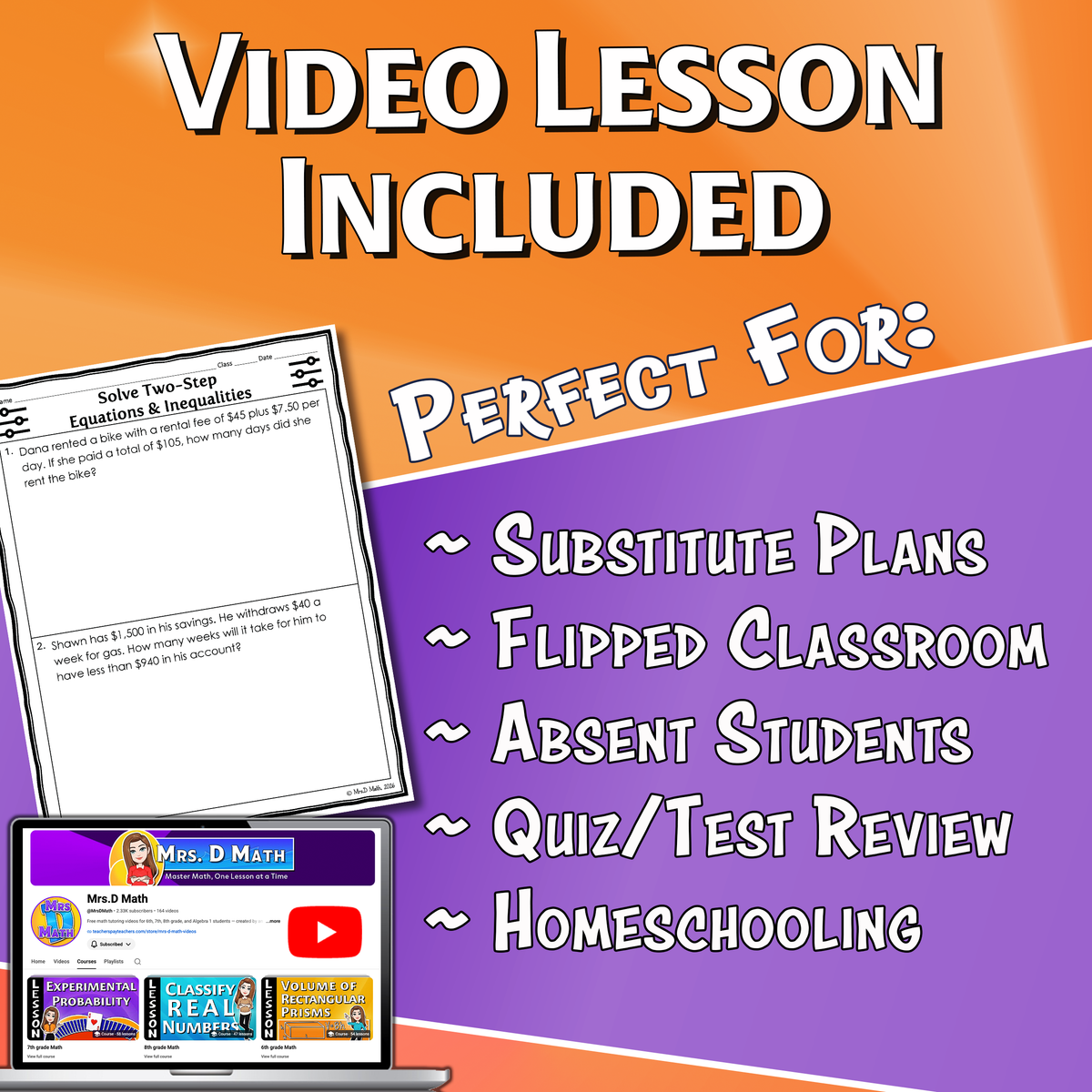 Solve Two-Step Equations & Inequalities Video Lesson Worksheet | 7th grade