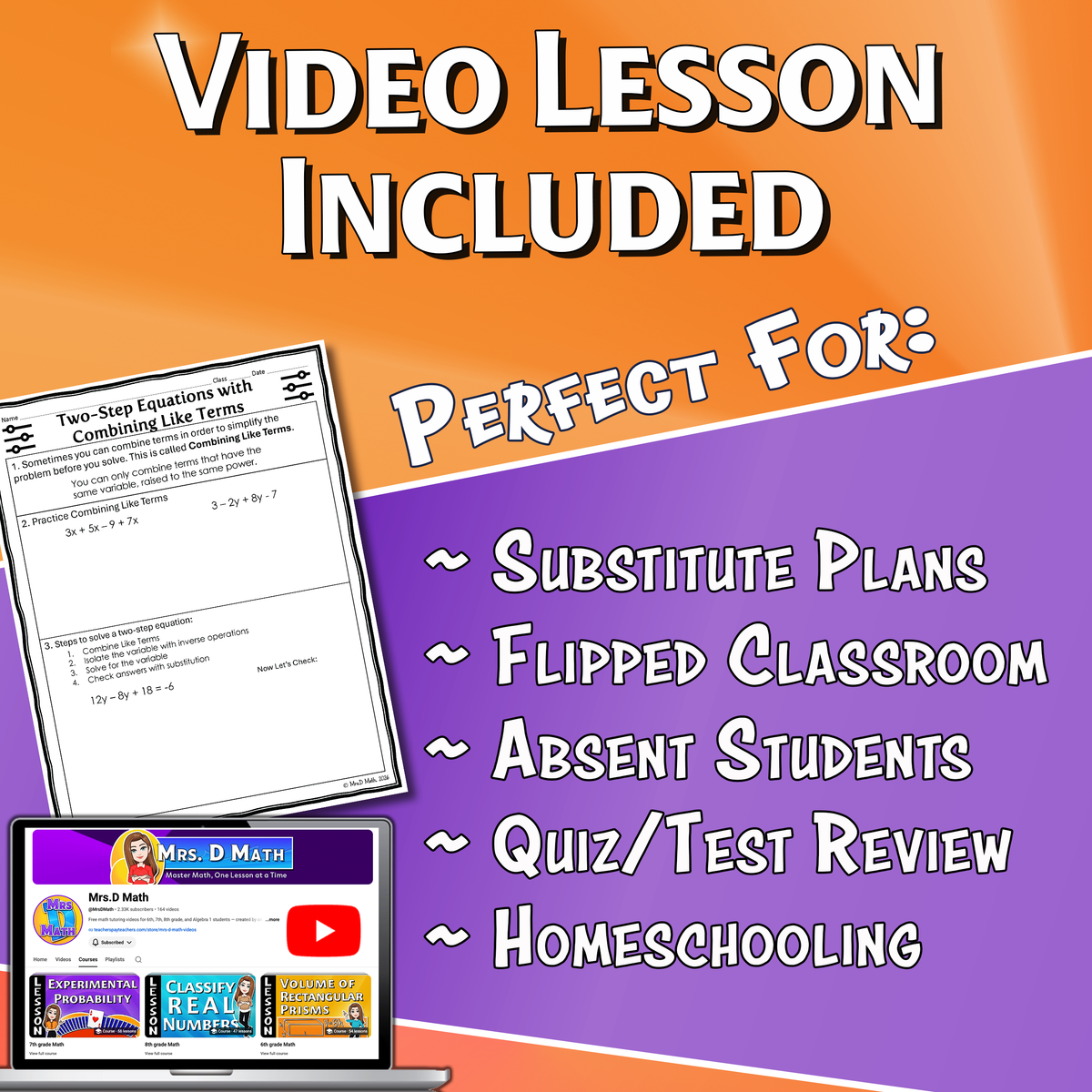 Two-Step Equations & Combine Like Terms Video Lesson Worksheet | 7th grade