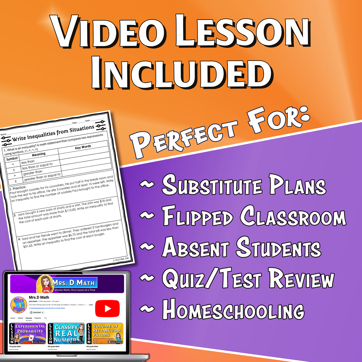 Write Inequalities from Situations Video Lesson Worksheet | 7th grade