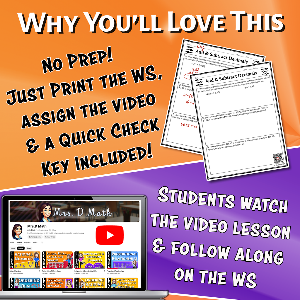 Add & Subtract Decimals Video Lesson Worksheet | 7th grade