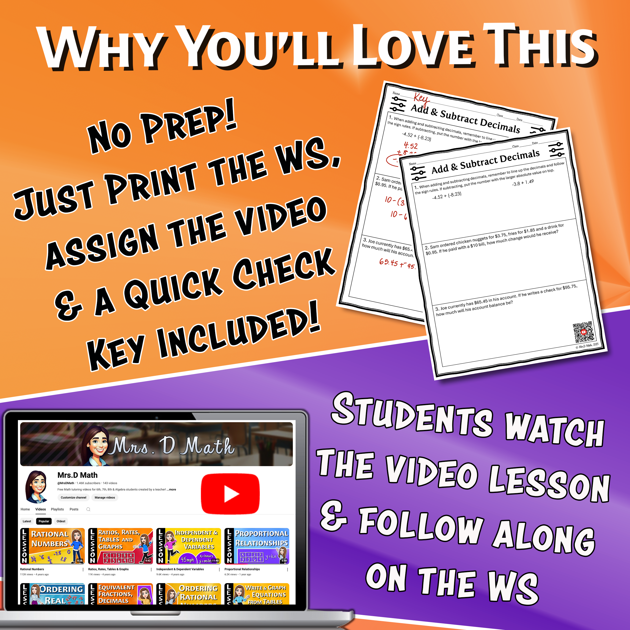 Add & Subtract Decimals Video Lesson Worksheet | 7th grade