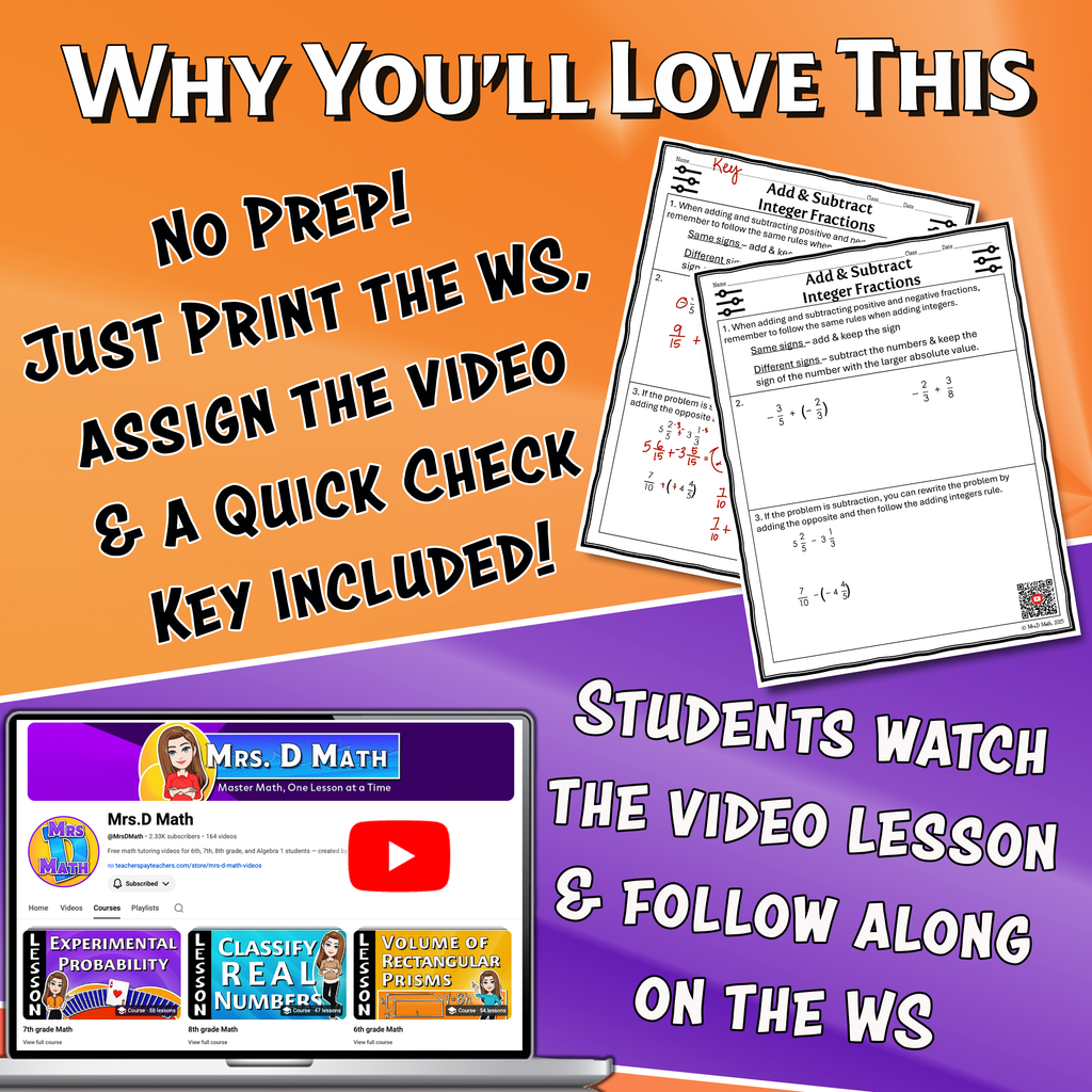 Add & Subtract Integer Fractions Video Lesson Worksheet | 7th grade