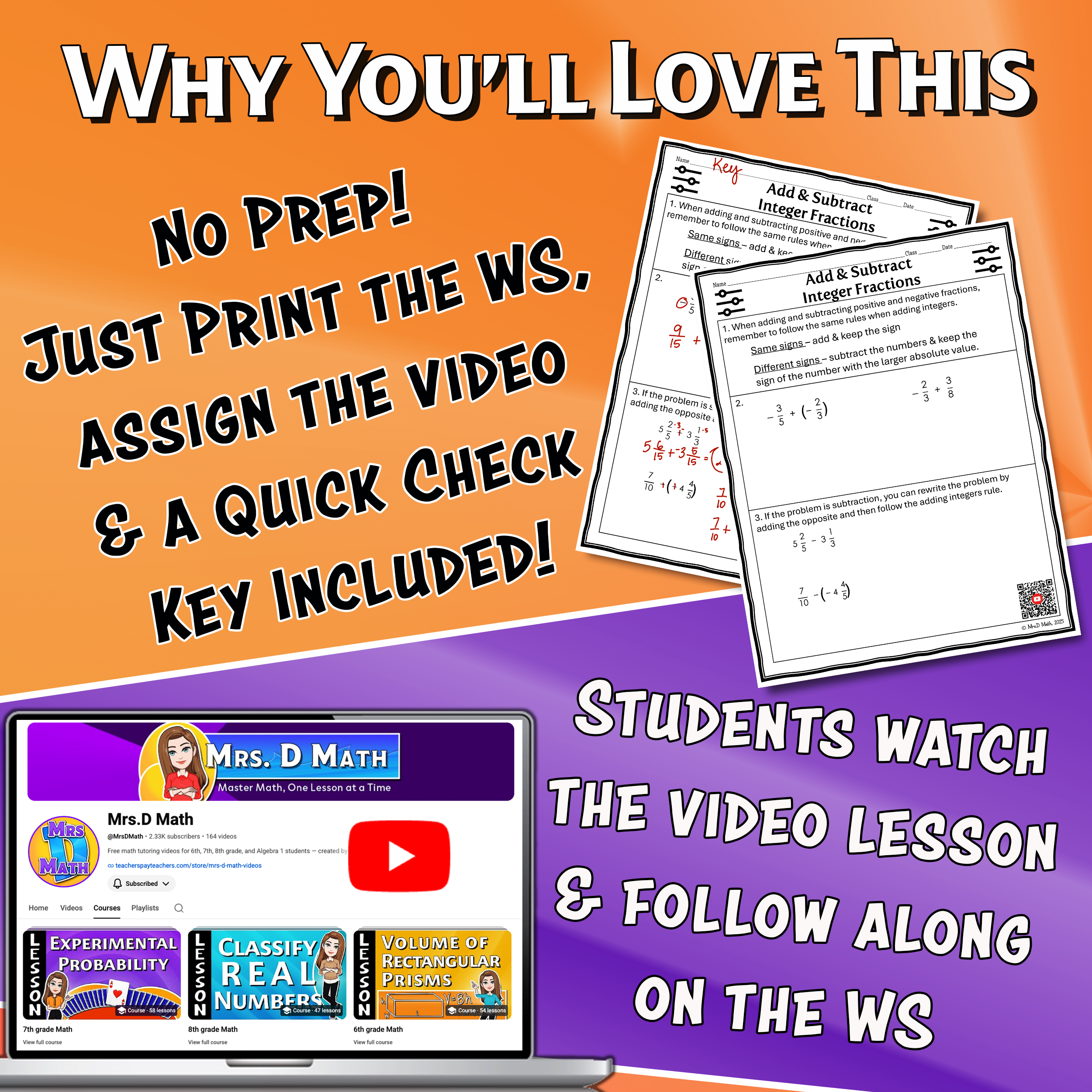 Add & Subtract Integer Fractions Video Lesson Worksheet | 7th grade