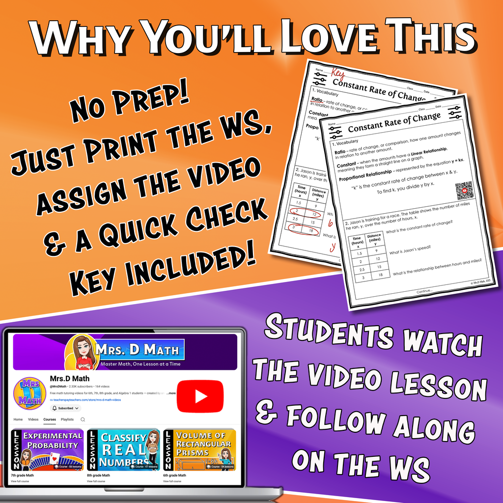 Constant Rate of Change Video Lesson Worksheet | 7th grade