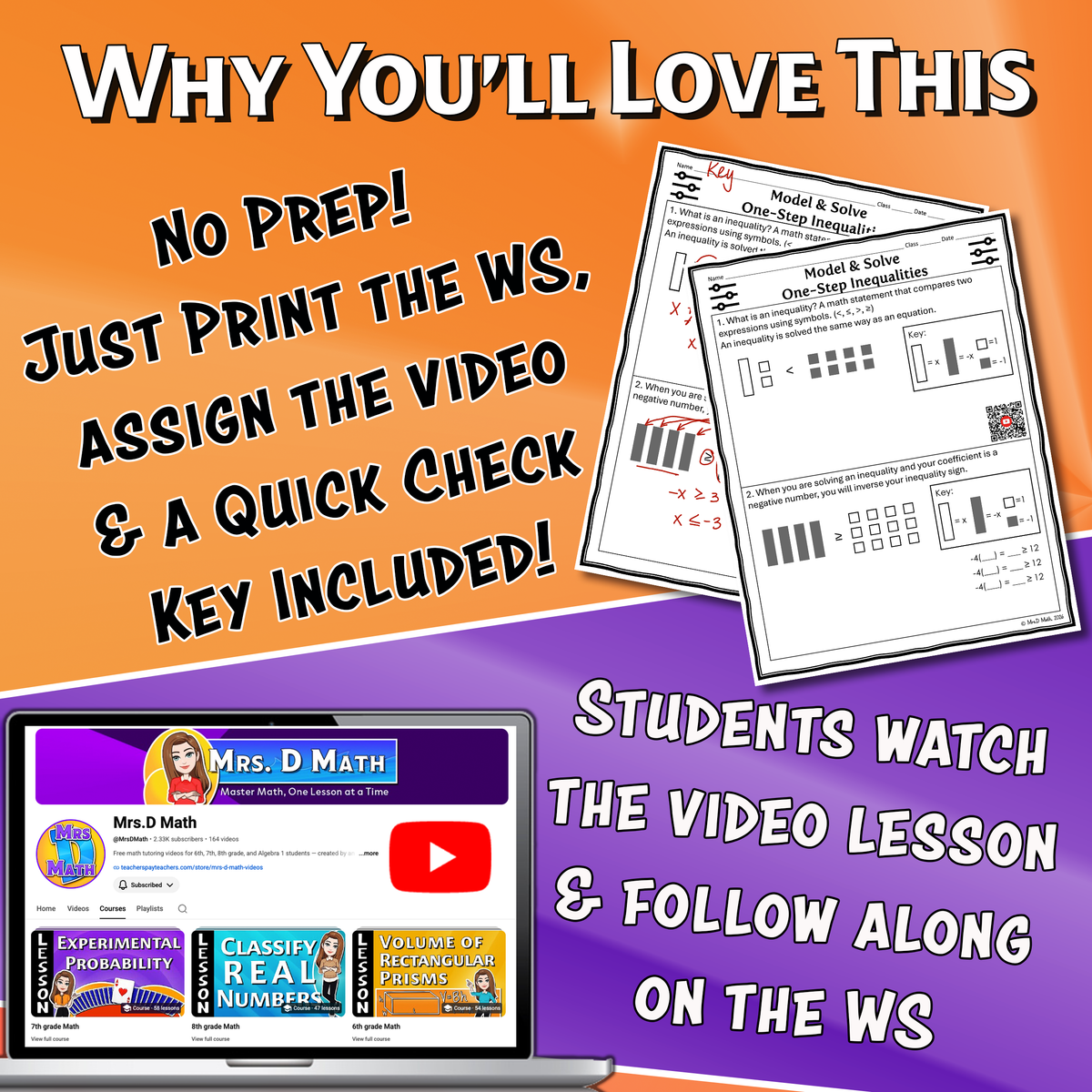 Model & Solve One-Step Inequalities Video Lesson Worksheet | 7th grade