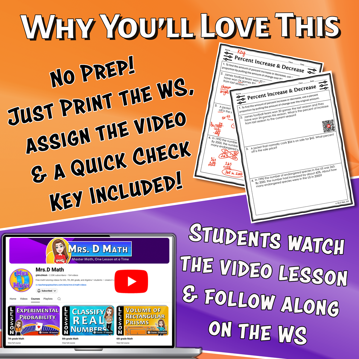 Percent Increase & Decrease Video Lesson Worksheet | 7th grade