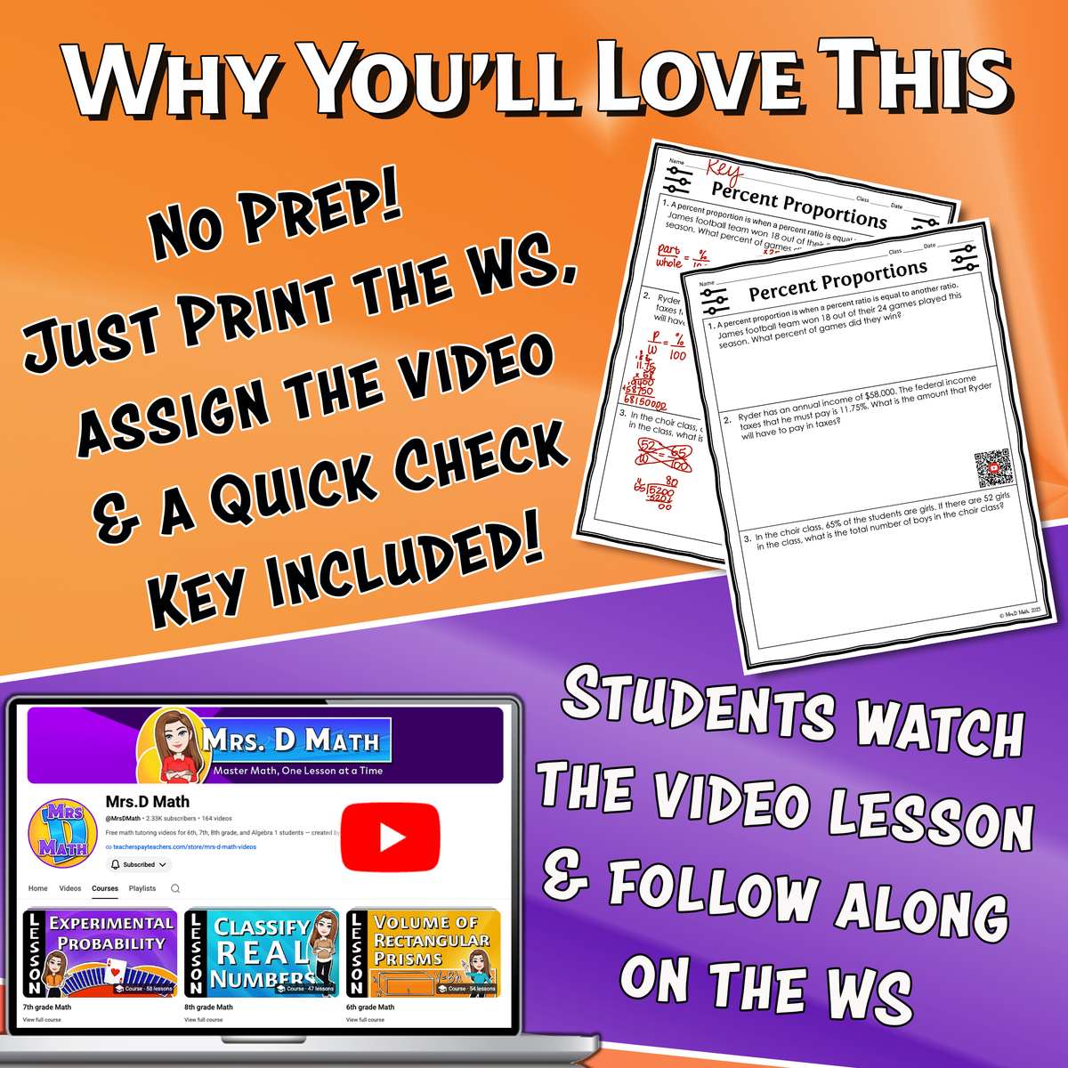 Percent Proportions Video Lesson Worksheet | 7th grade