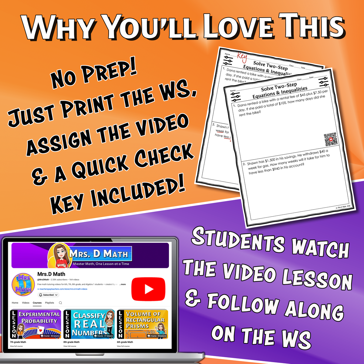 Solve Two-Step Equations & Inequalities Video Lesson Worksheet | 7th grade