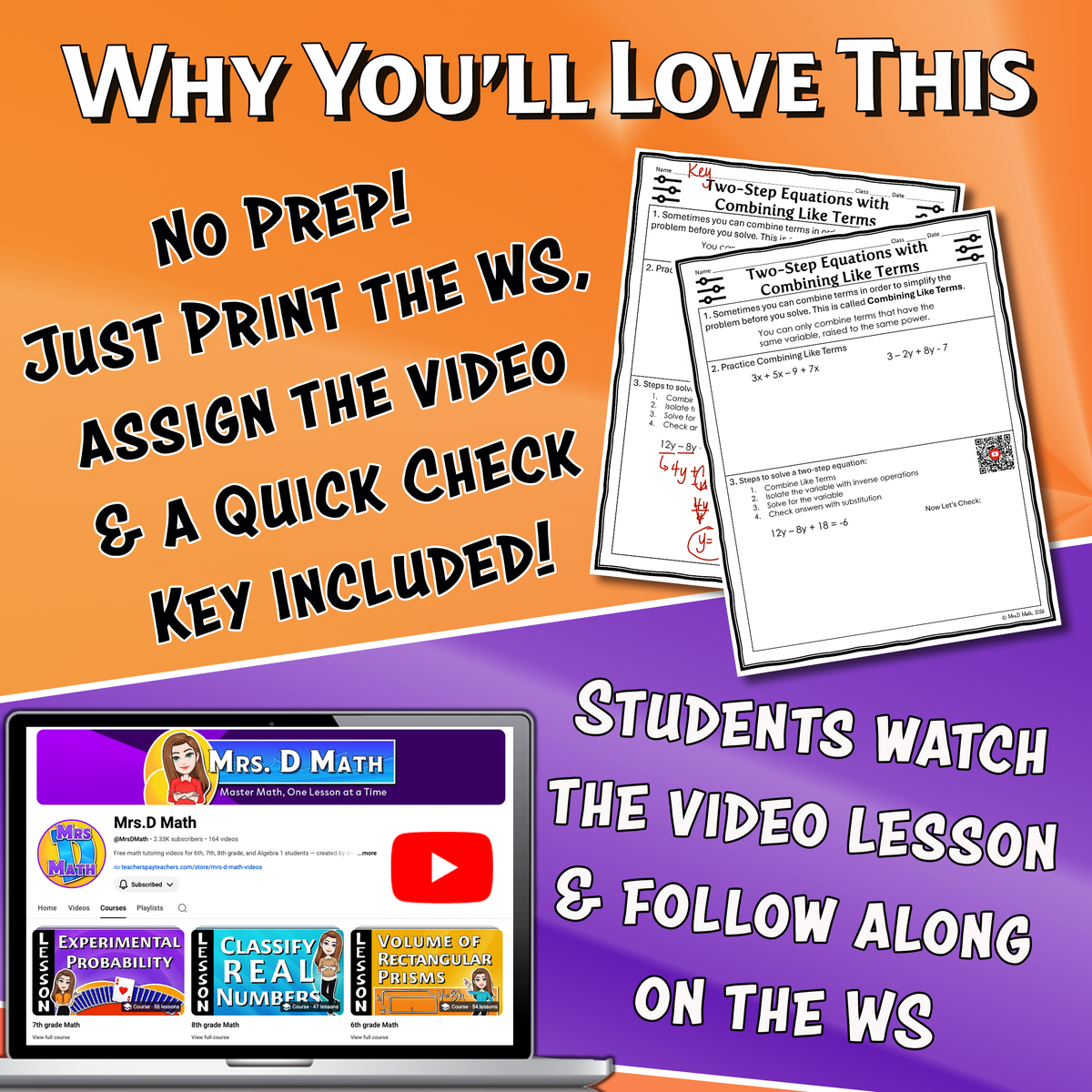 Two-Step Equations & Combine Like Terms Video Lesson Worksheet | 7th grade