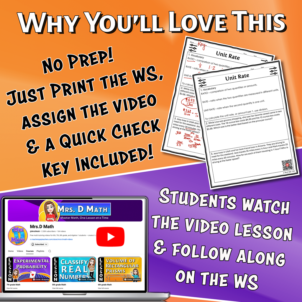Unit Rate Video Lesson Worksheet | 7th grade
