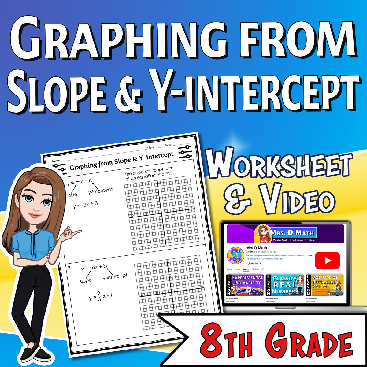 Graphing from Slope & Y-intercept Video Lesson Worksheet | 8th grade