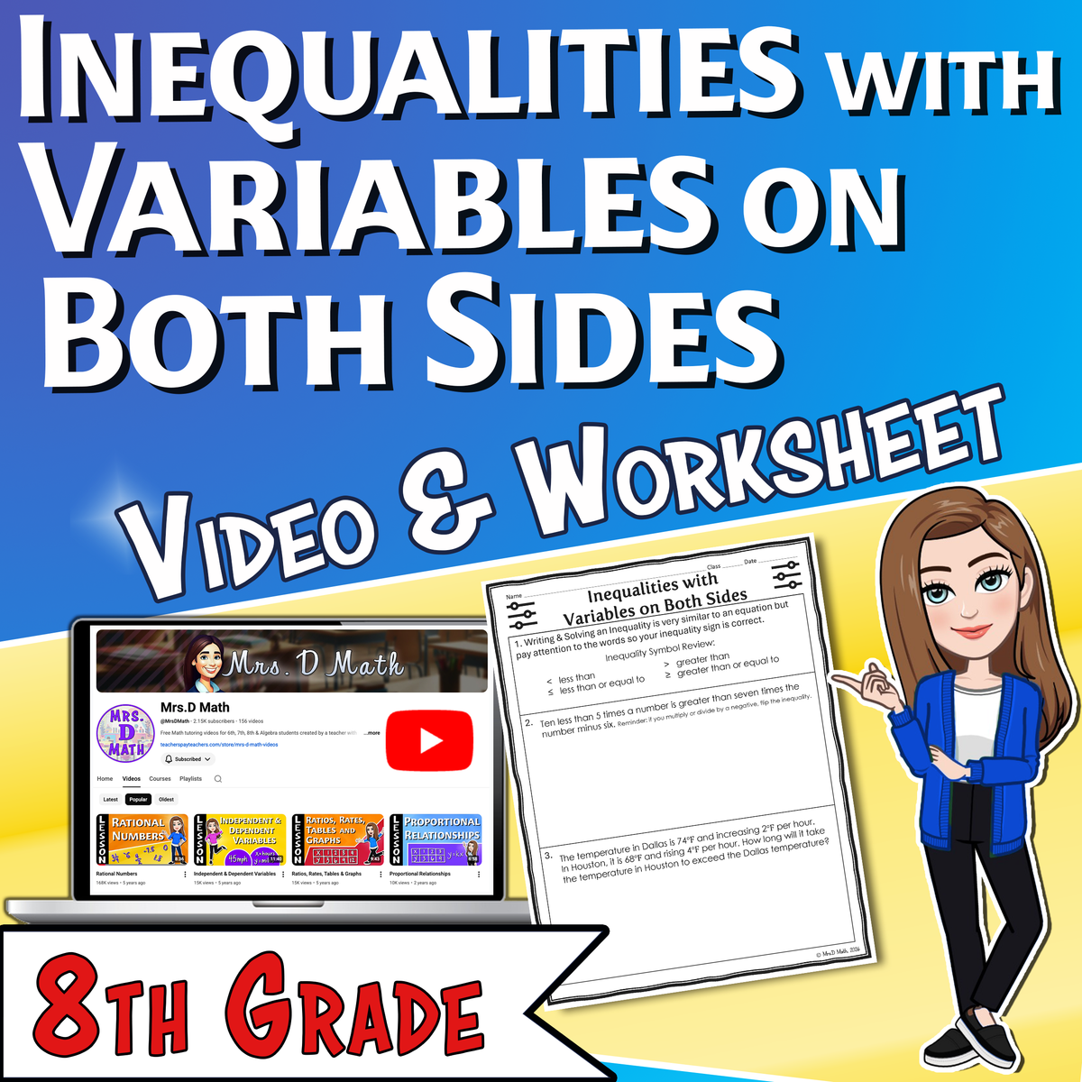 Inequalities with Variables on Both Sides Video Lesson Worksheet | 8th grade