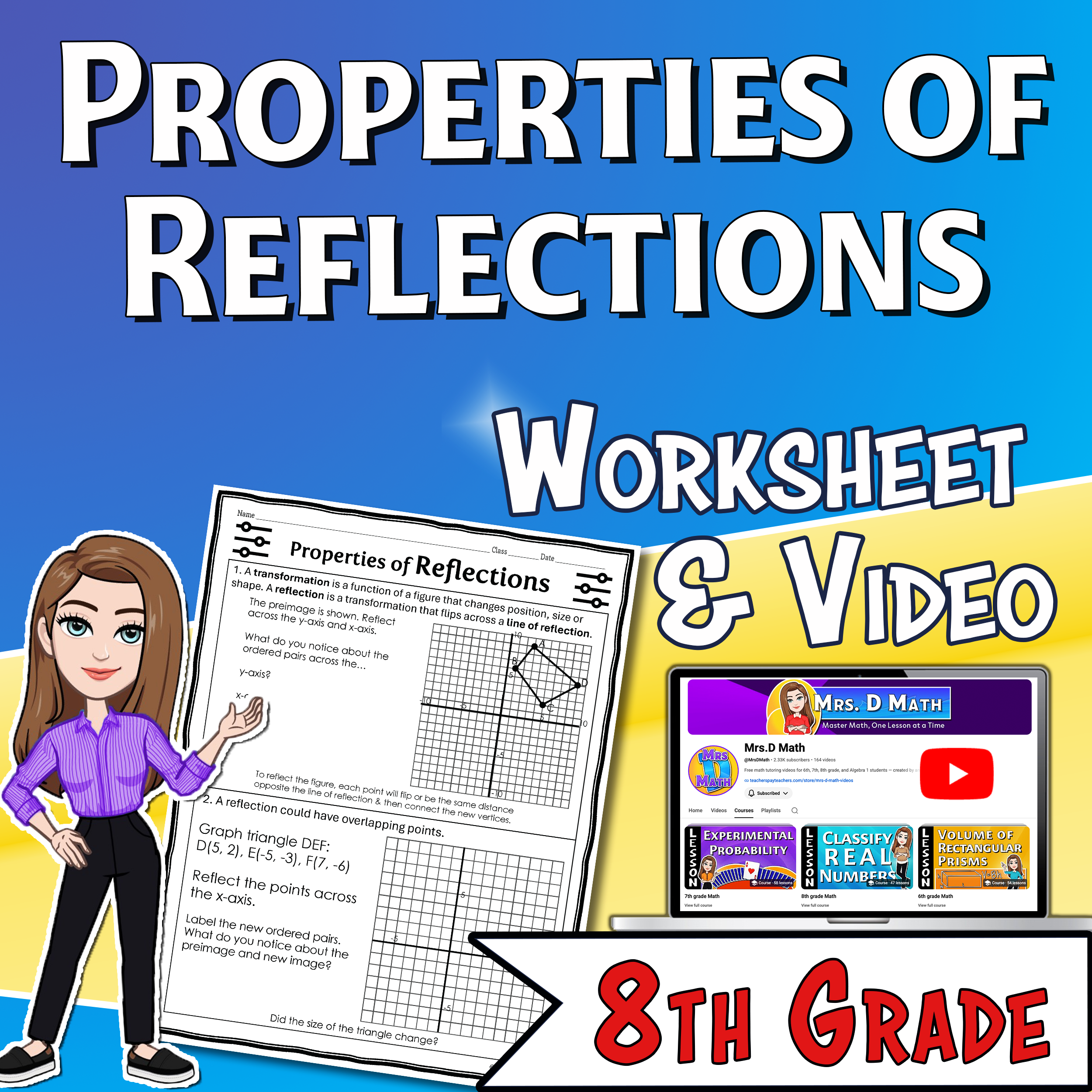 Properties of Reflections Video Lesson Worksheet | 8th grade