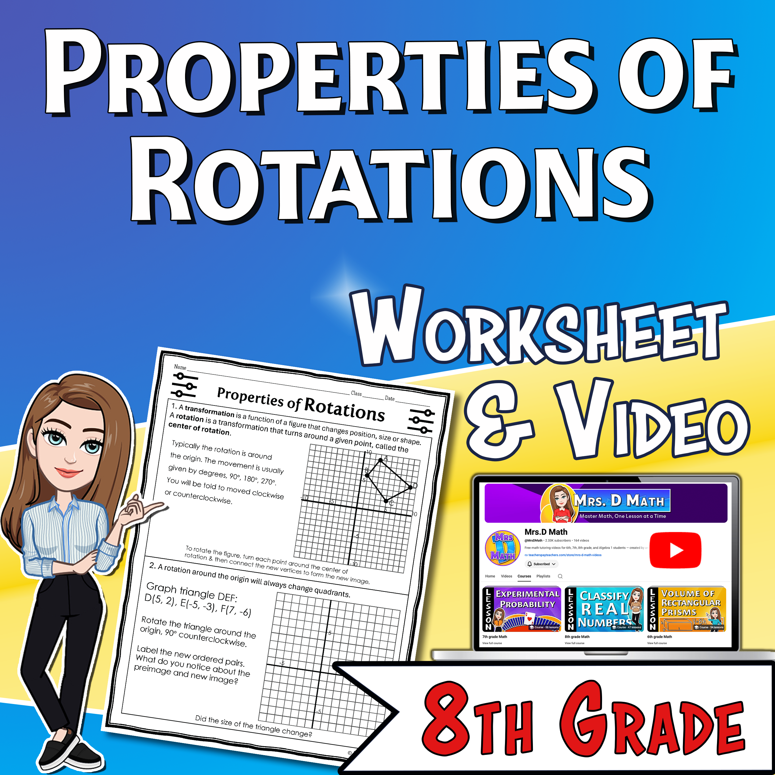 Properties of Rotations Video Lesson Worksheet | 8th grade
