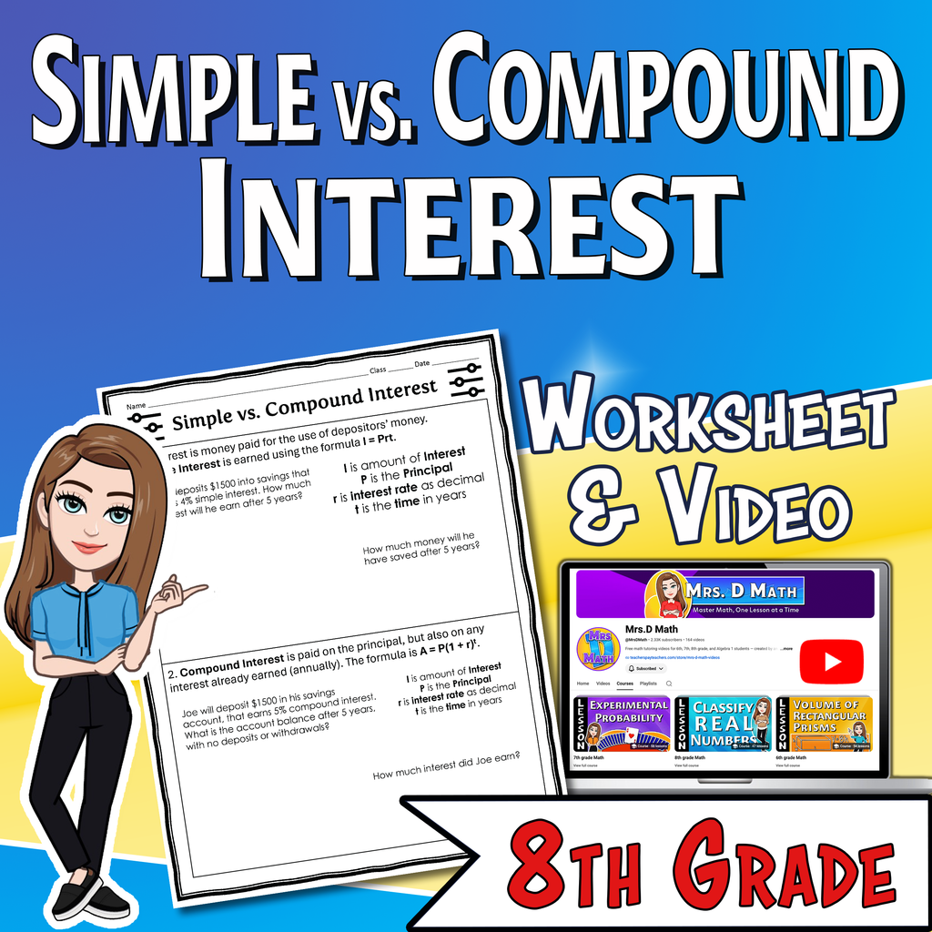 Simple vs. Compound Interest Video Lesson Worksheet | 8th grade