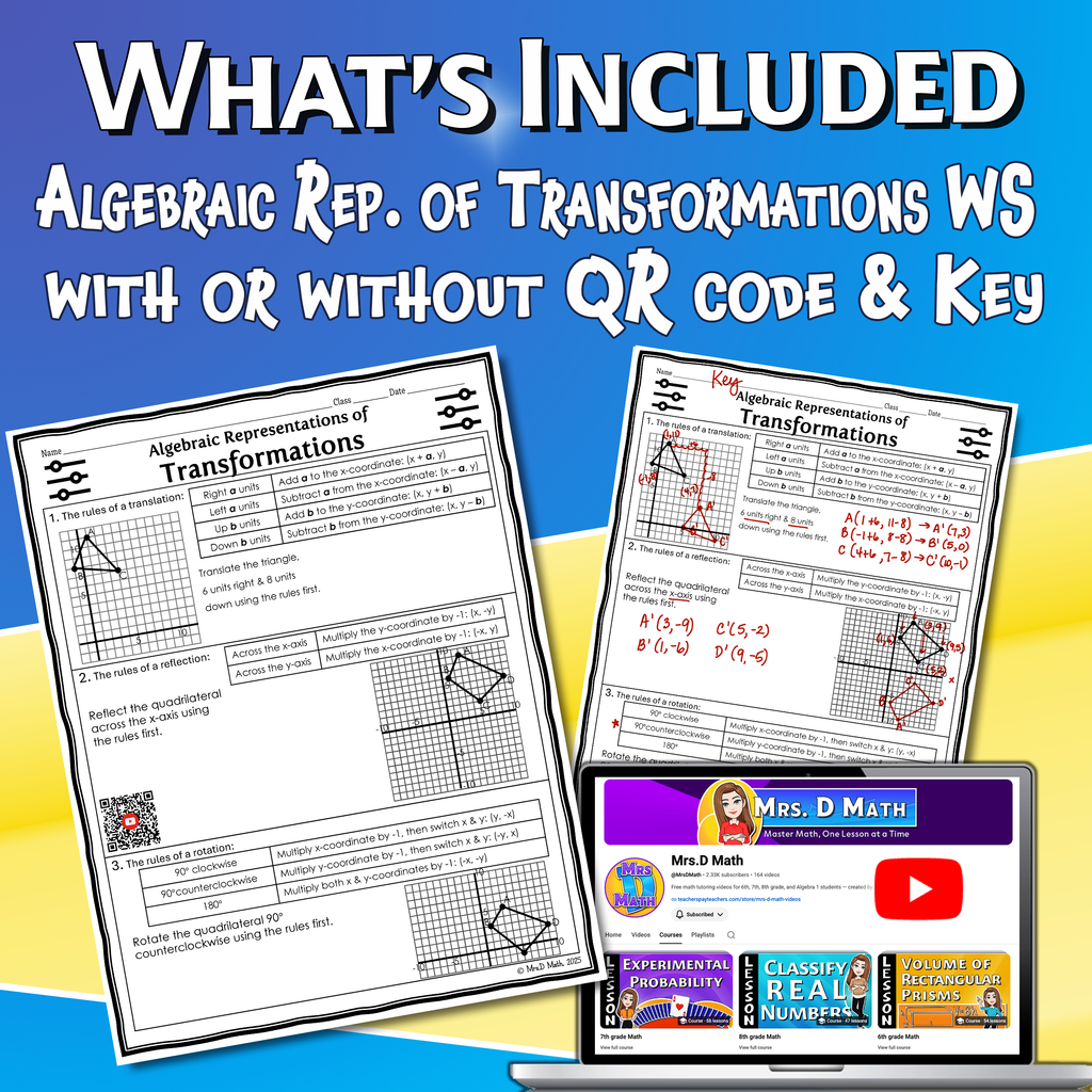 Algebraic Representations of Transformations Video Lesson Worksheet | 8th grade