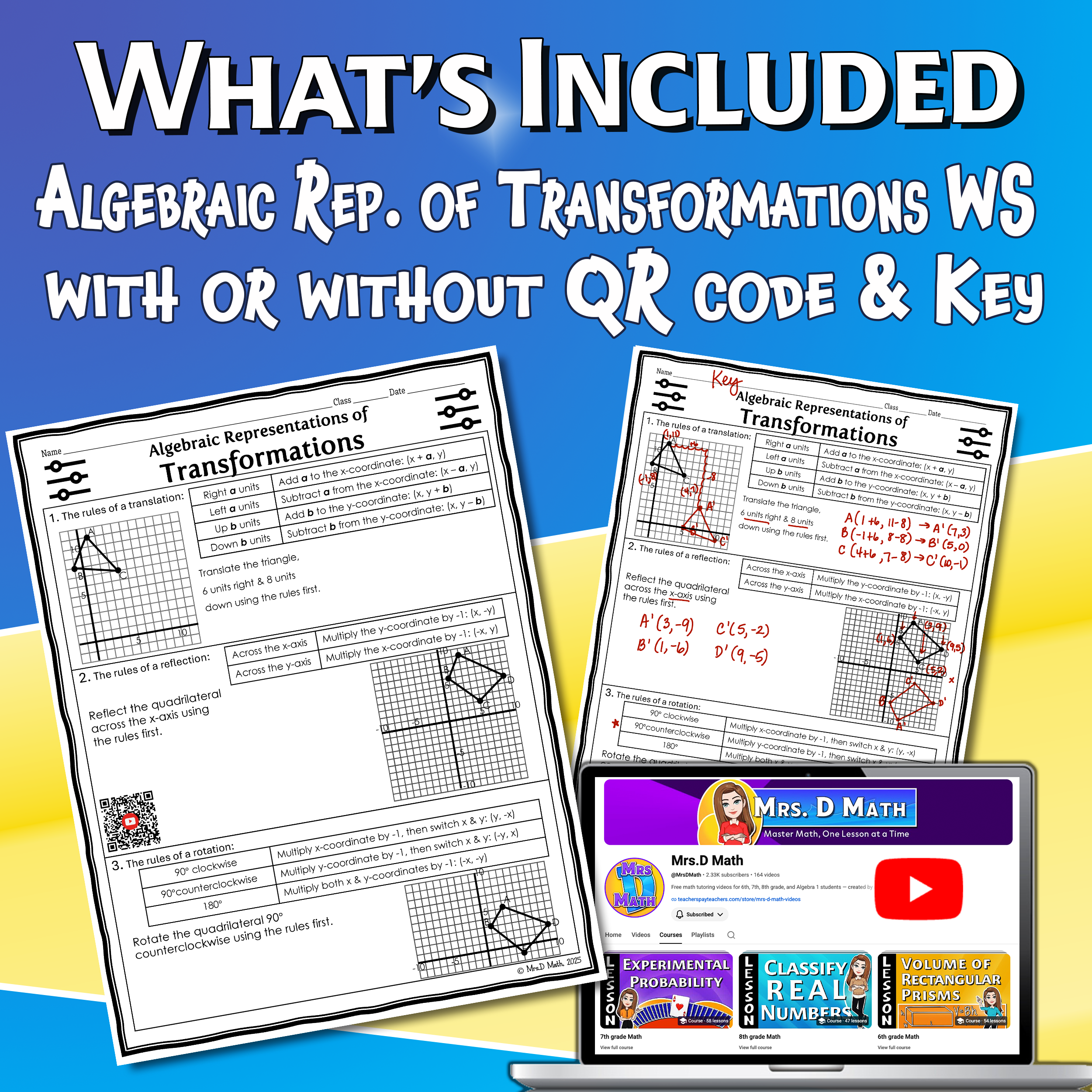 Algebraic Representations of Transformations Video Lesson Worksheet | 8th grade
