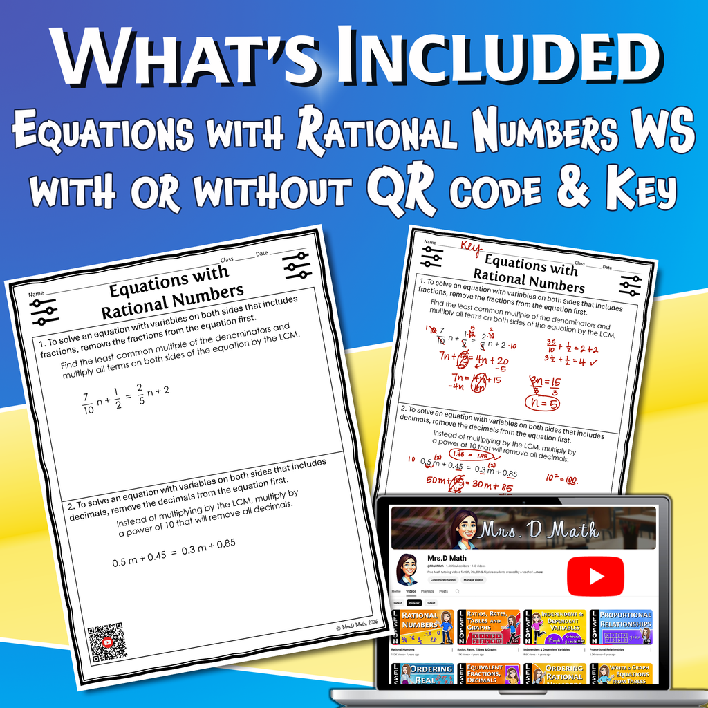 Equations with Rational Numbers Video Lesson Worksheet | 8th grade