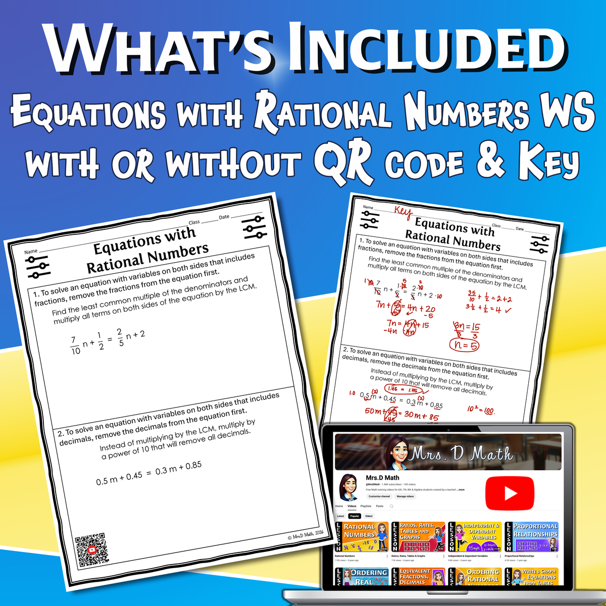Equations with Rational Numbers Video Lesson Worksheet | 8th grade