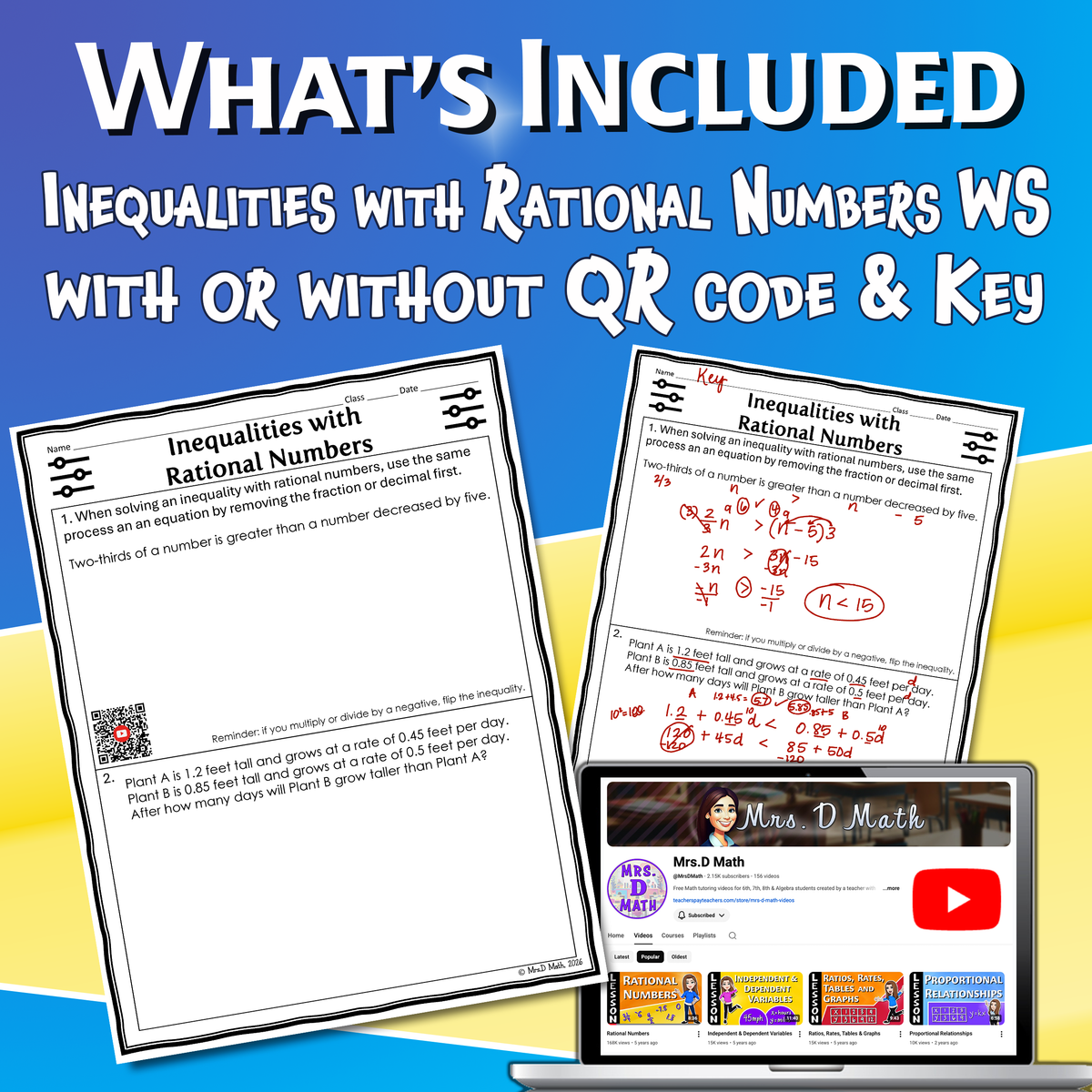 Inequalities with Rational Numbers Video Lesson Worksheet | 8th grade