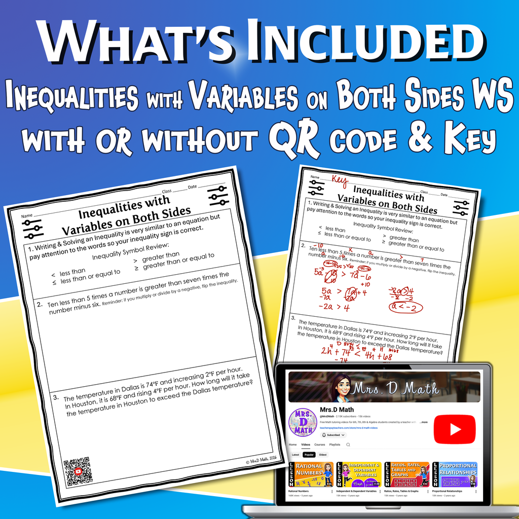 Inequalities with Variables on Both Sides Video Lesson Worksheet | 8th grade