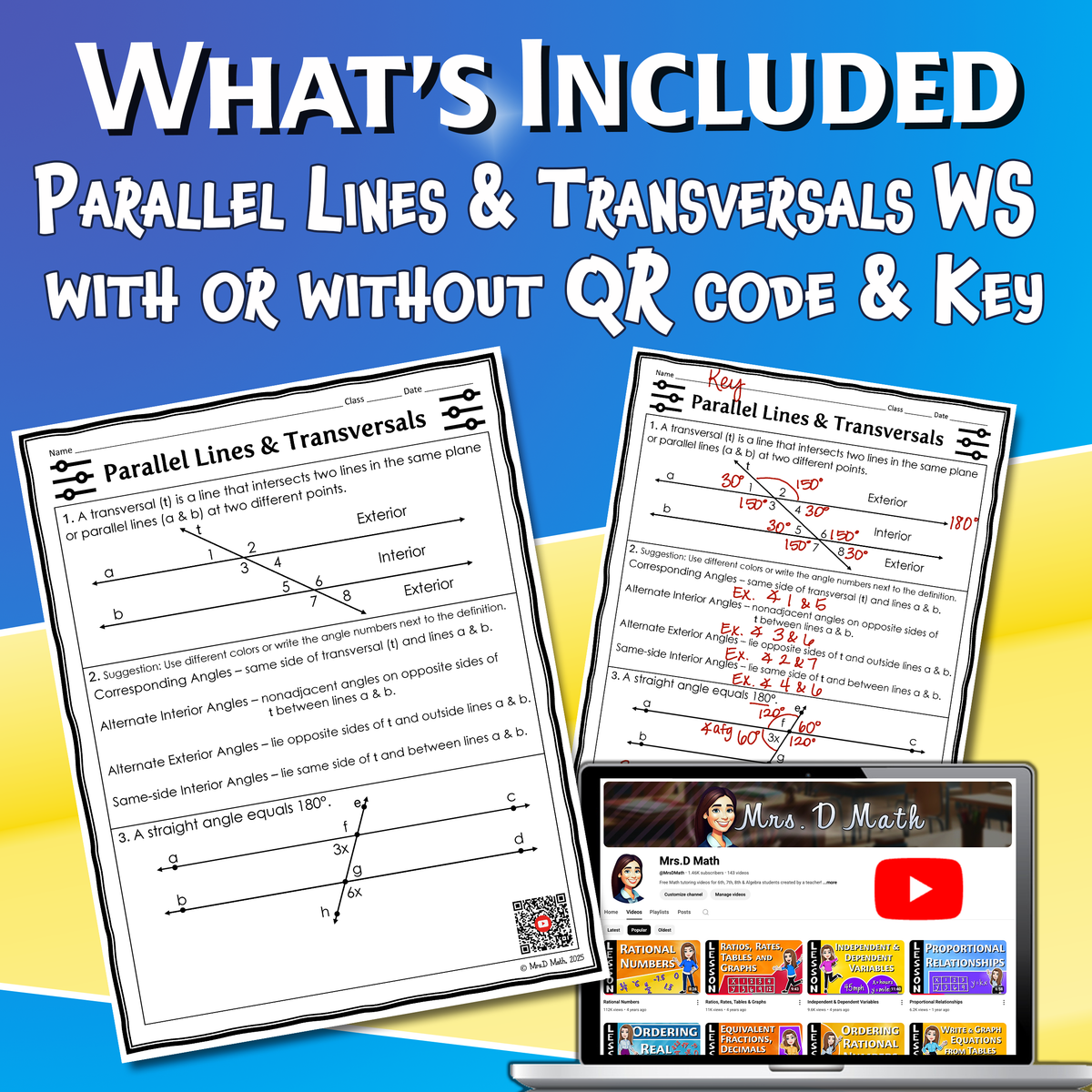 Parallel Lines & Transversals Video Lesson Worksheet | 8th grade