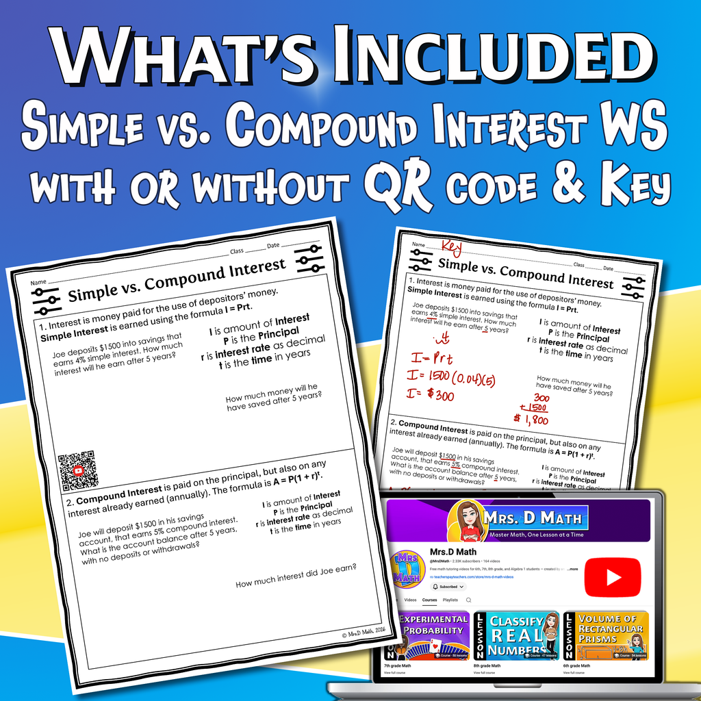 Simple vs. Compound Interest Video Lesson Worksheet | 8th grade