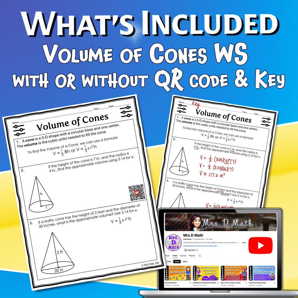 Volume of Cones Video Lesson Worksheet | 8th grade