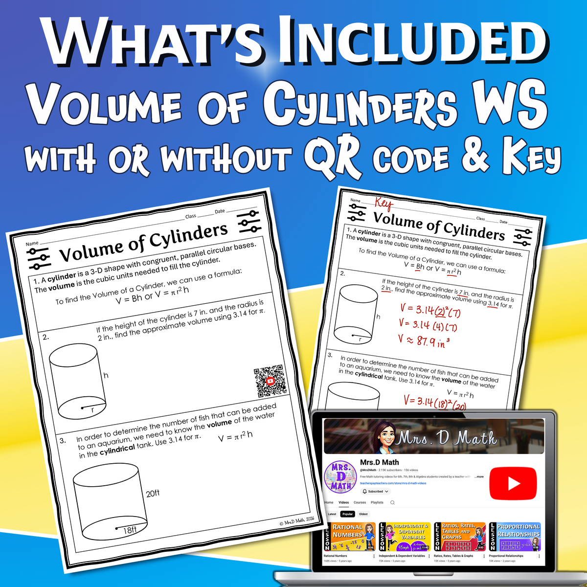 Volume of Cylinders Video Lesson Worksheet | 8th grade