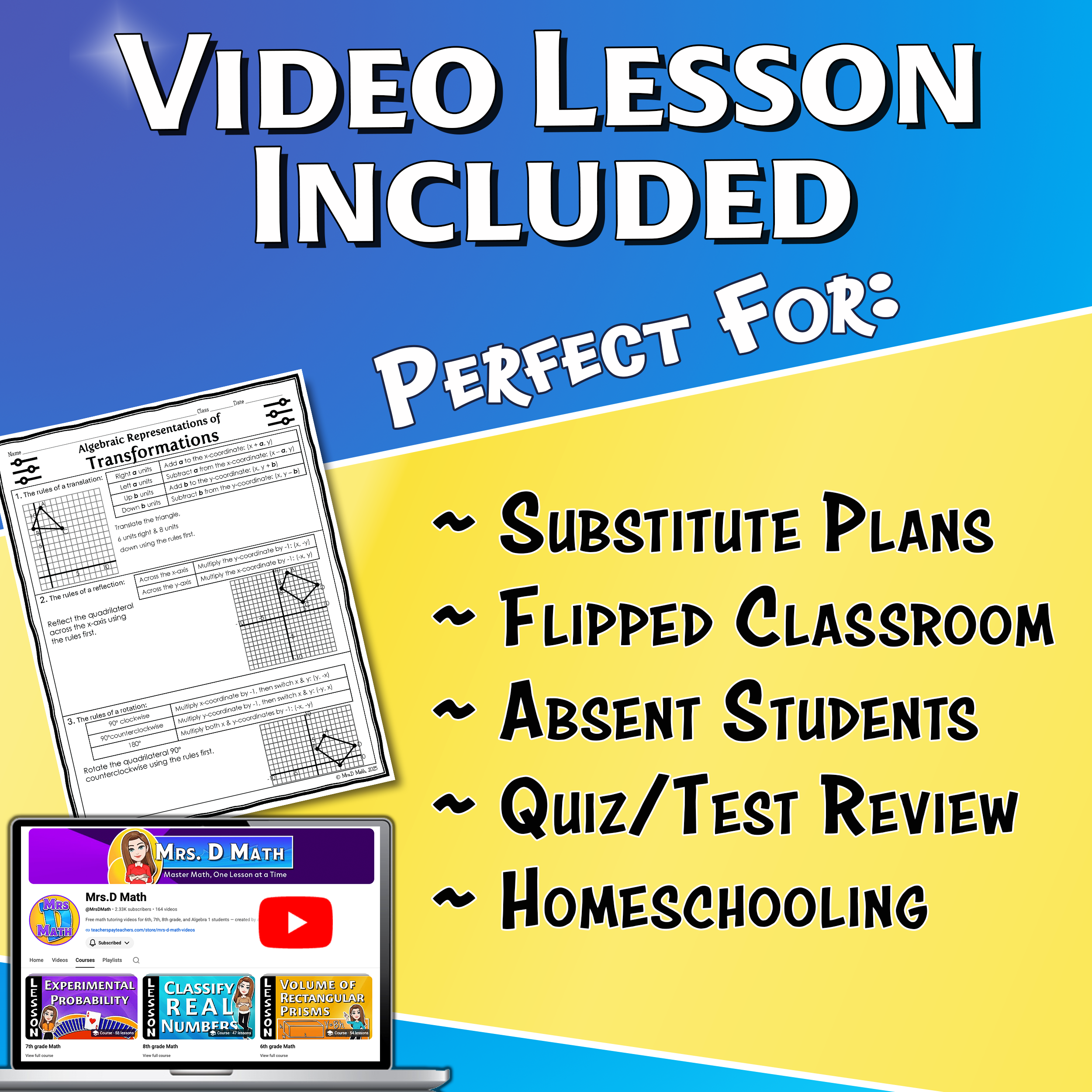 Algebraic Representations of Transformations Video Lesson Worksheet | 8th grade
