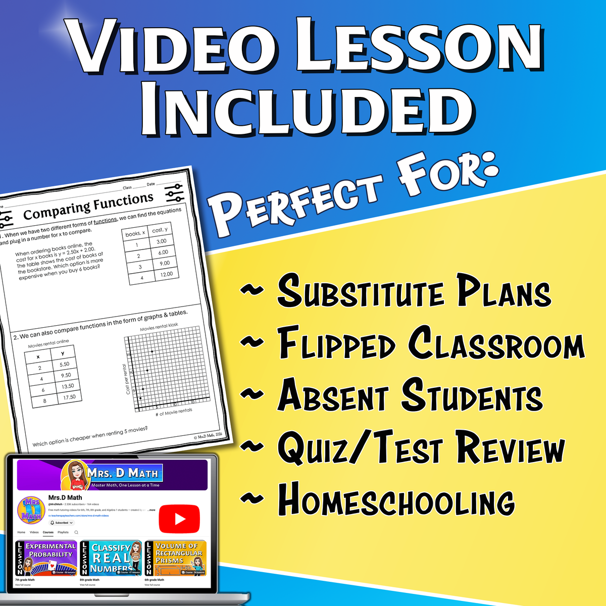 Comparing Functions Video Lesson Worksheet | 8th grade