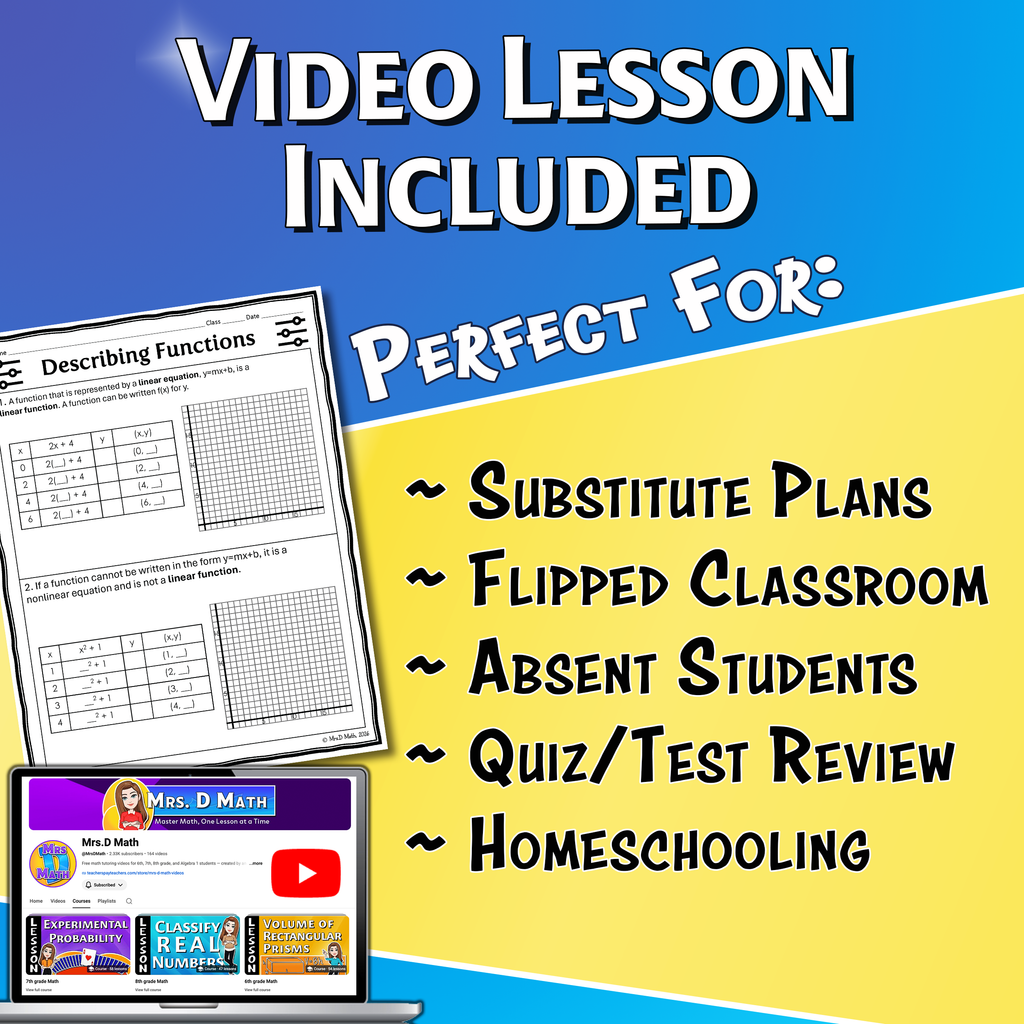 Describing Functions Video Lesson Worksheet | 8th grade