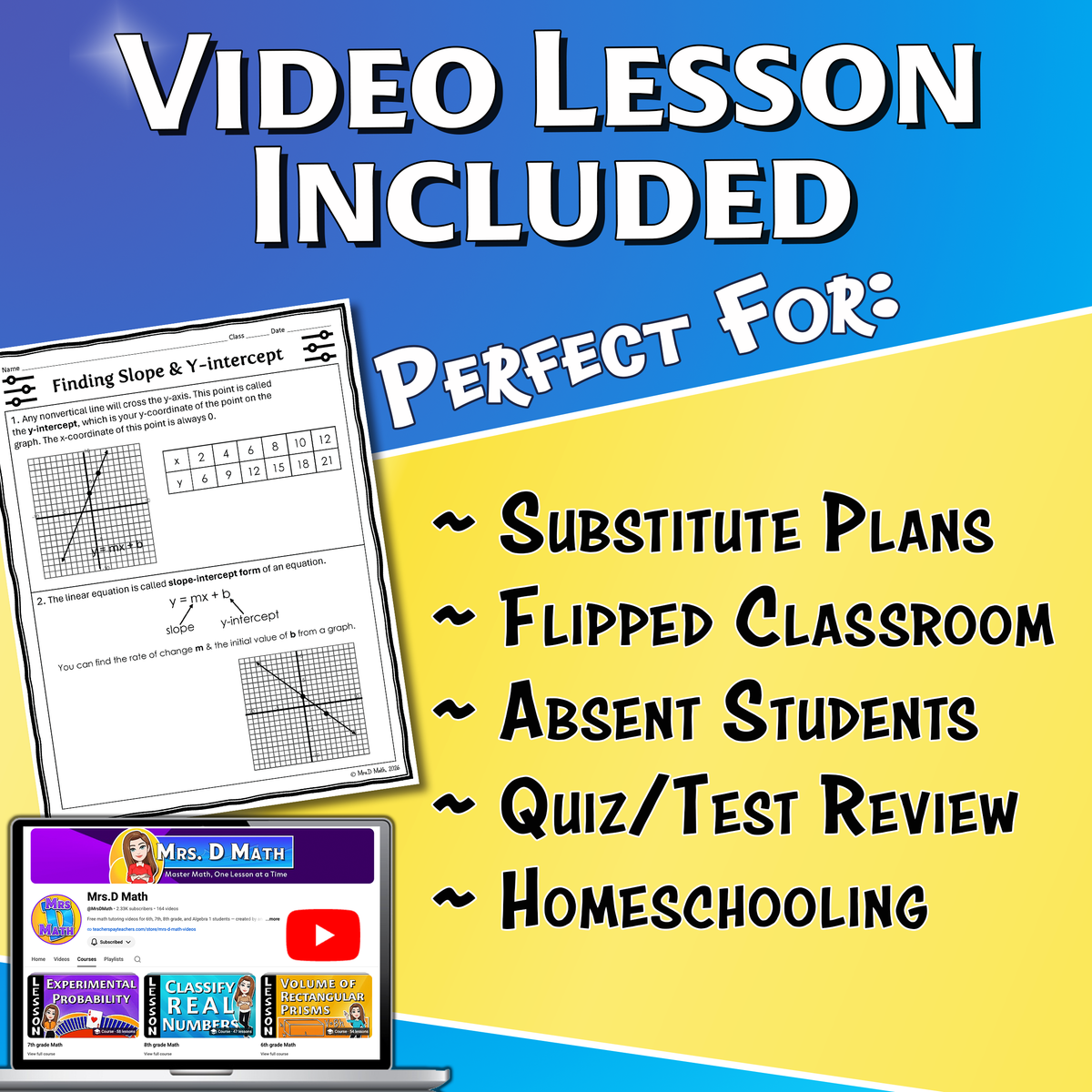 Determining Slope & Y-intercept Video Lesson Worksheet | 8th grade