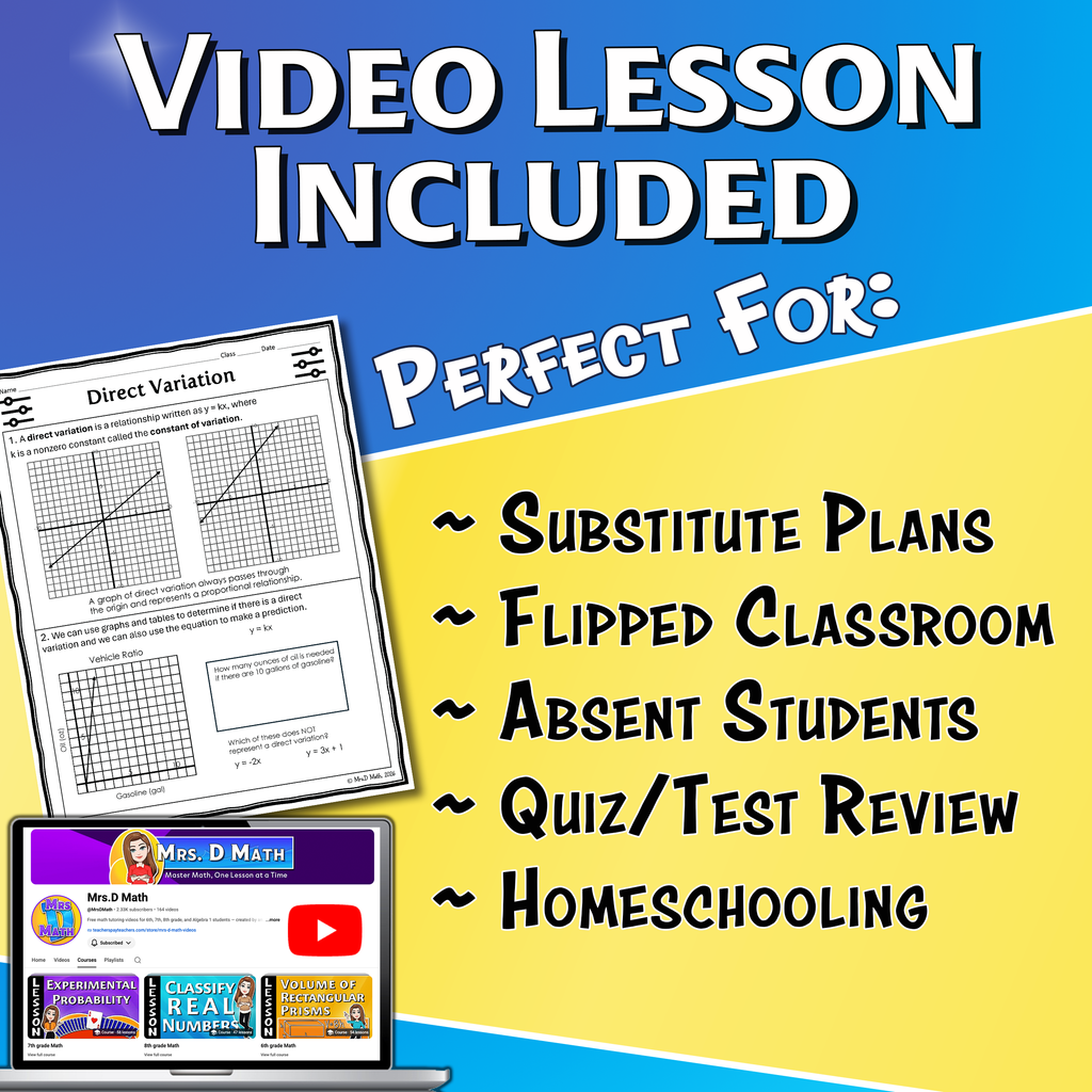 Direct Variation Video Lesson Worksheet | 8th grade