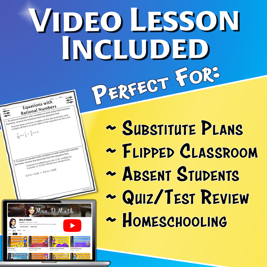 Equations with Rational Numbers Video Lesson Worksheet | 8th grade