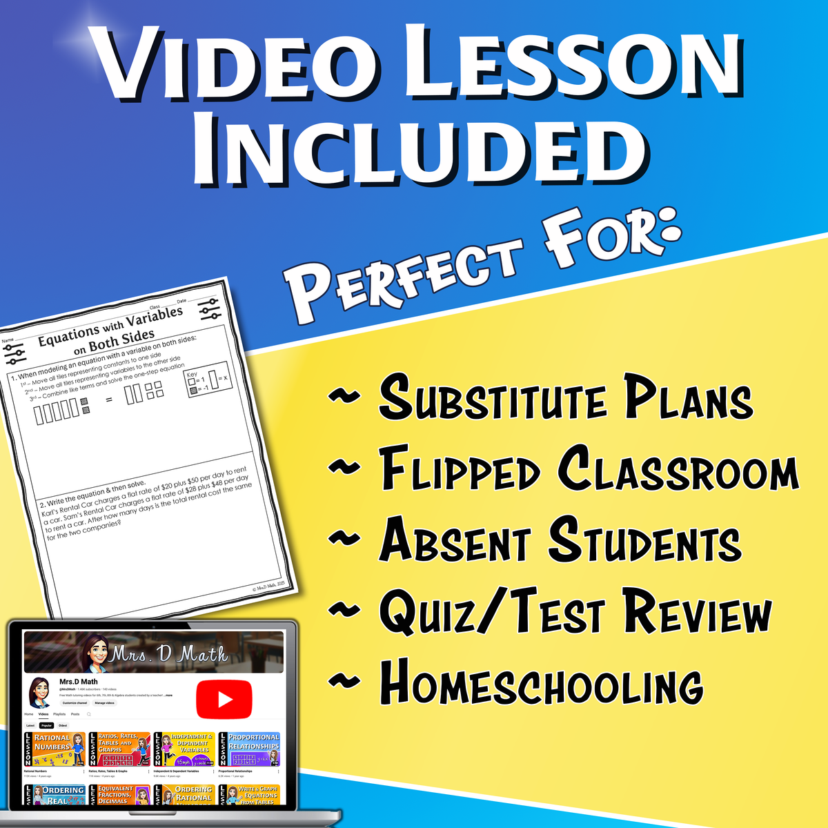Equations with Variables on Both Sides Video Lesson Worksheet | 8th grade