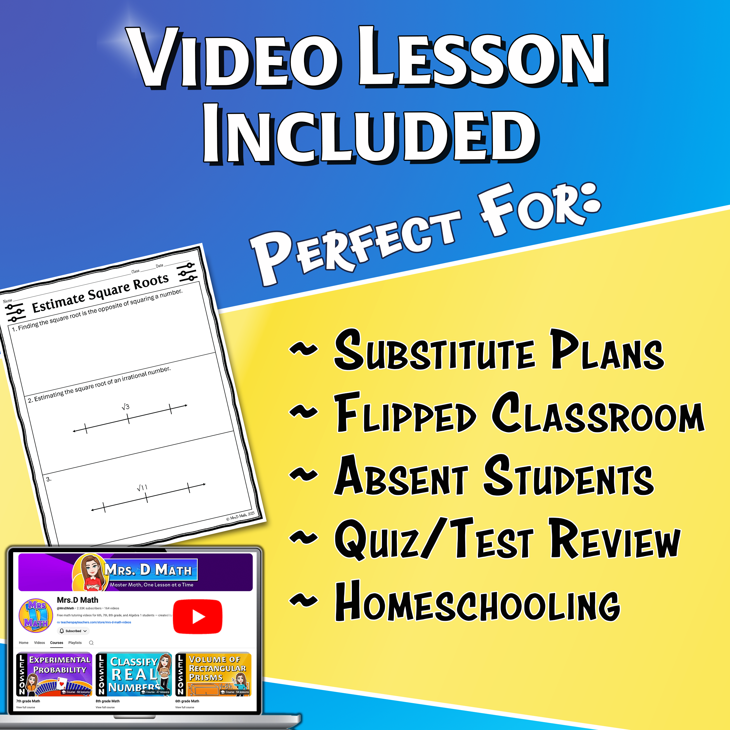 Estimate Square Roots Video Lesson Worksheet | 8th grade