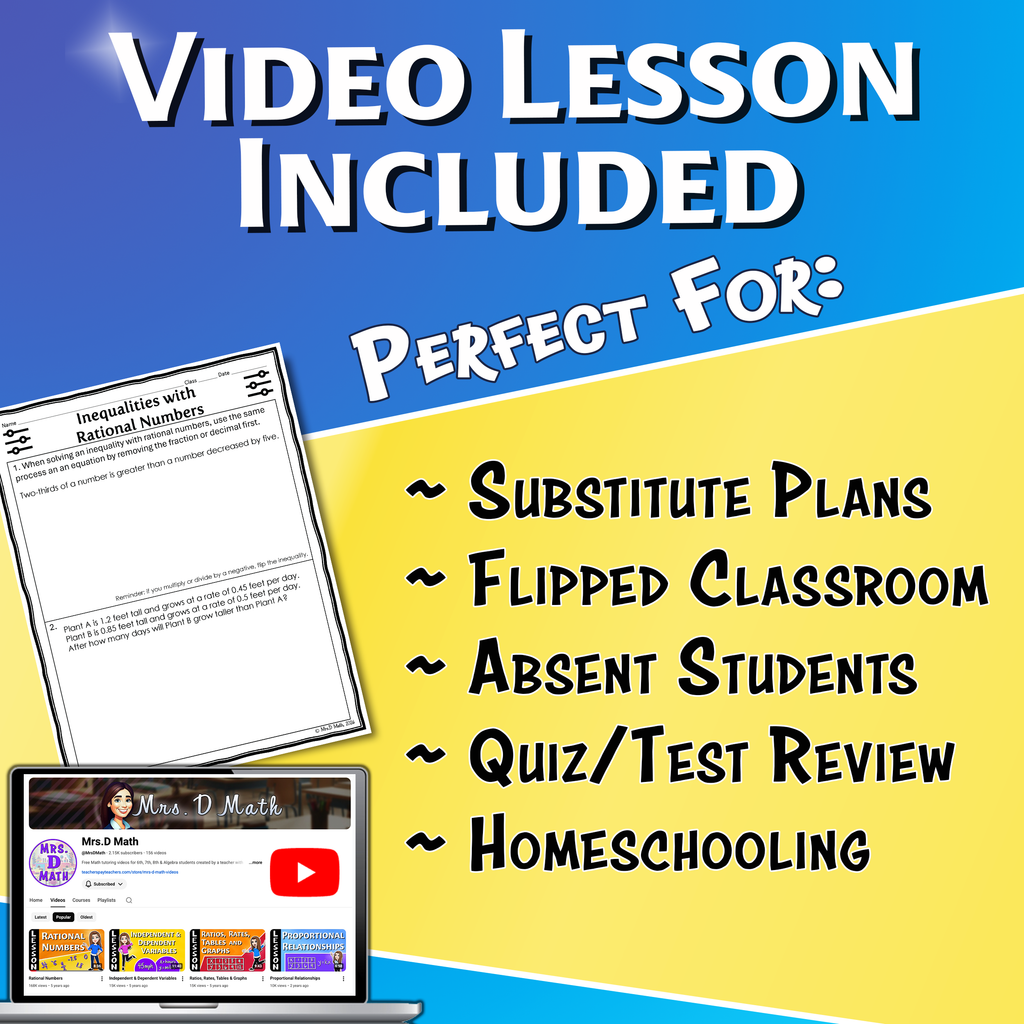 Inequalities with Rational Numbers Video Lesson Worksheet | 8th grade