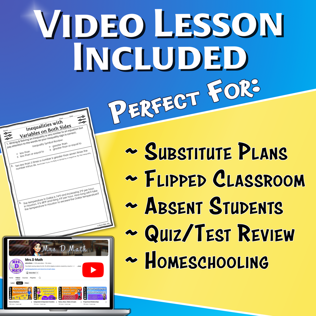 Inequalities with Variables on Both Sides Video Lesson Worksheet | 8th grade