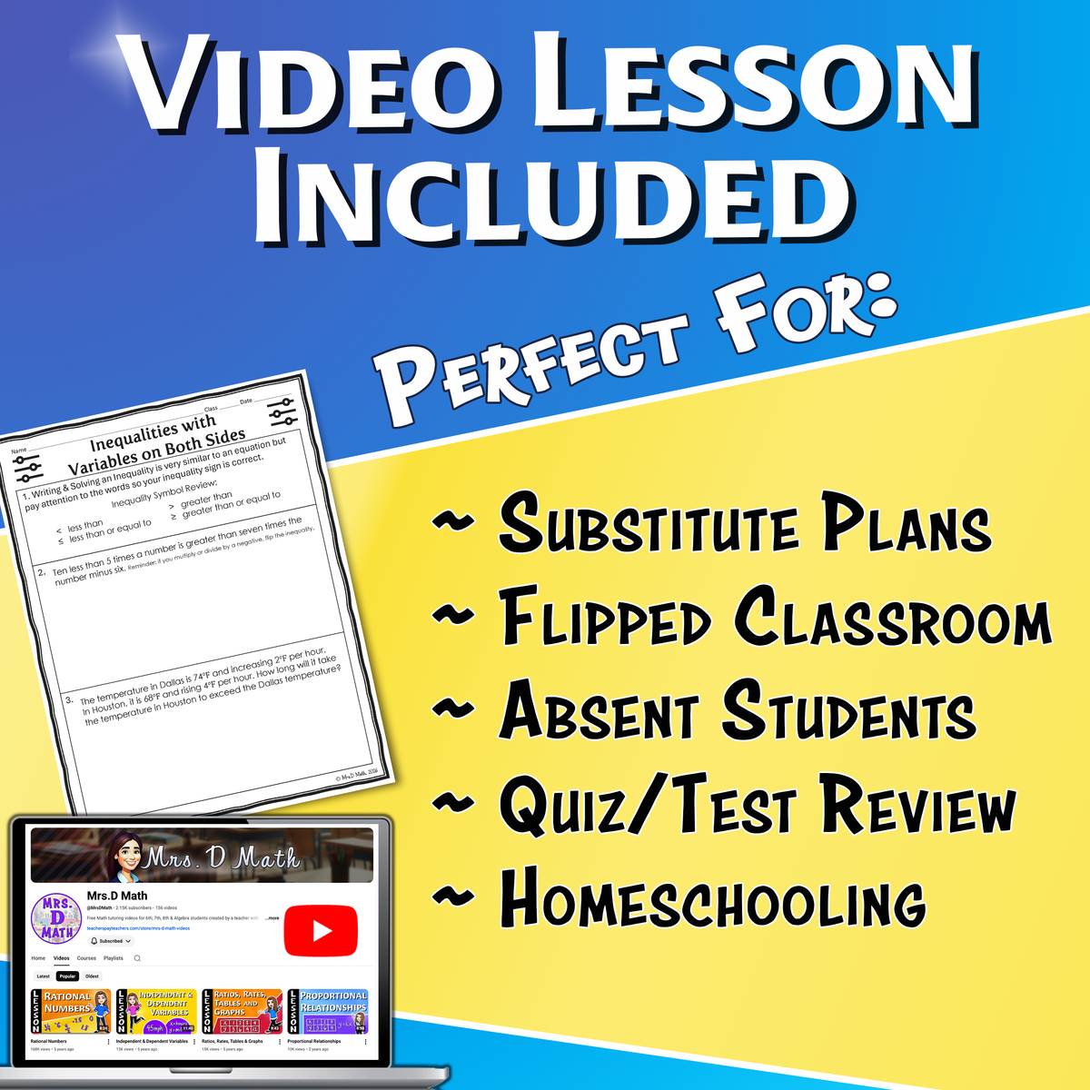 Inequalities with Variables on Both Sides Video Lesson Worksheet | 8th grade