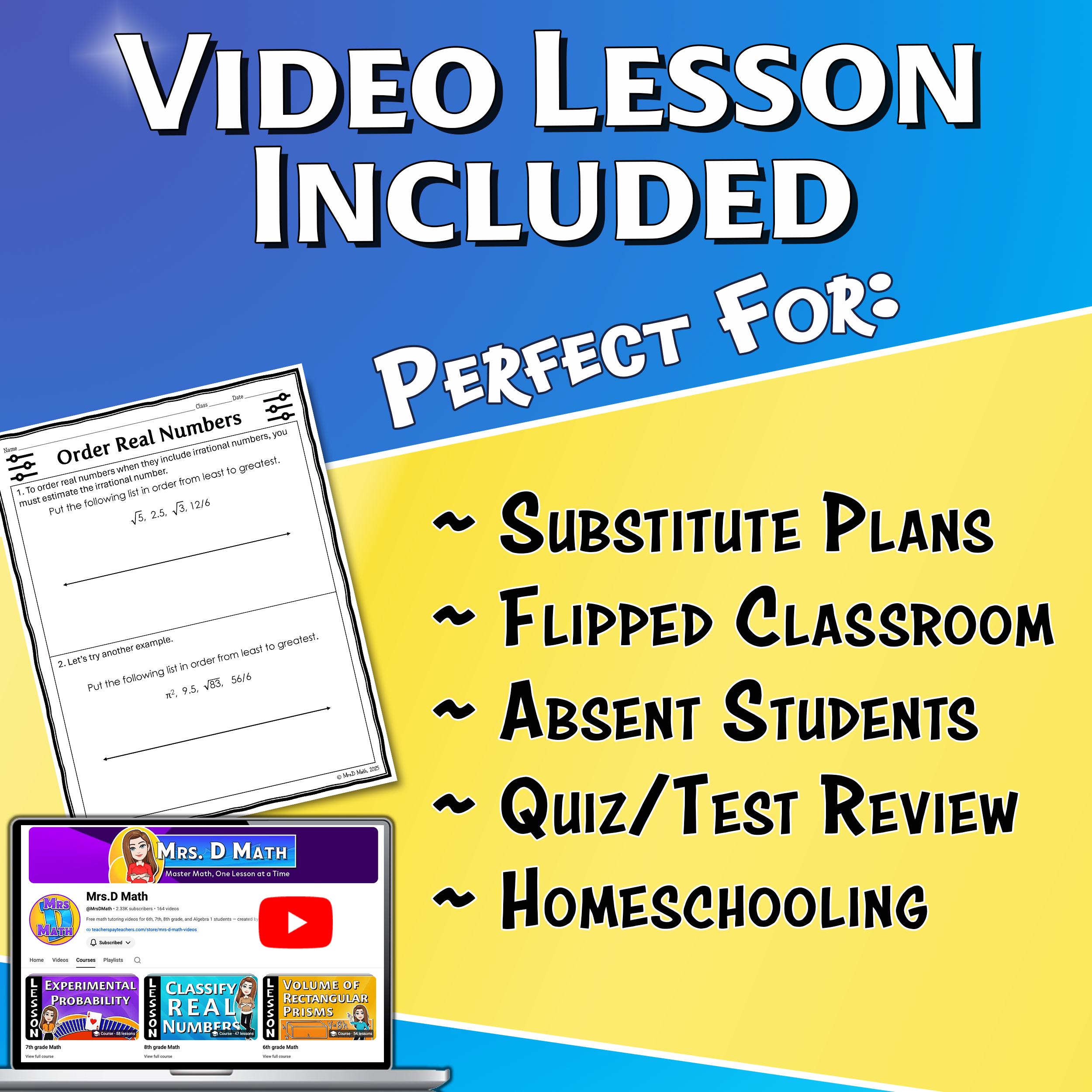 Order Real Numbers Video Lesson Worksheet | 8th grade