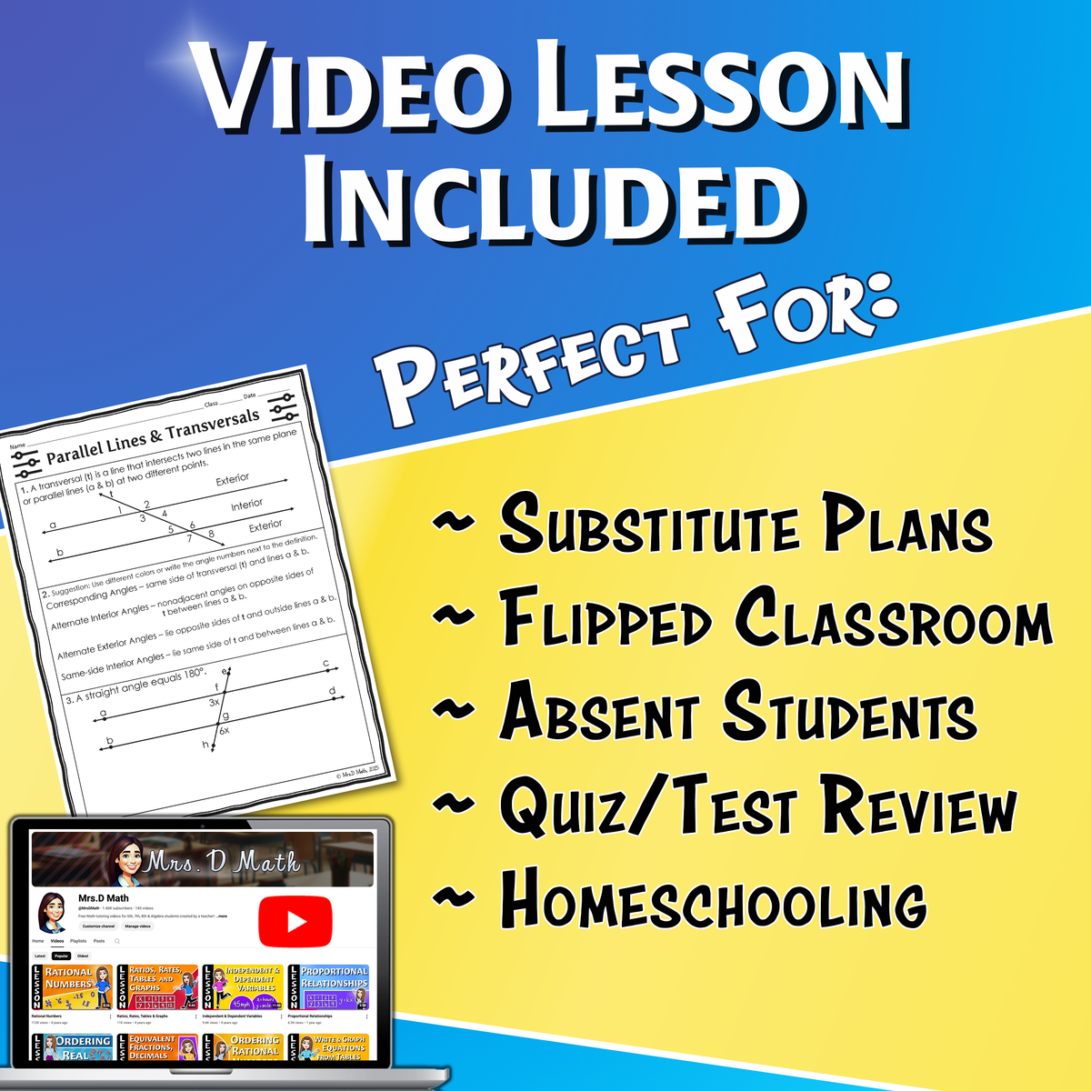 Parallel Lines & Transversals Video Lesson Worksheet | 8th grade