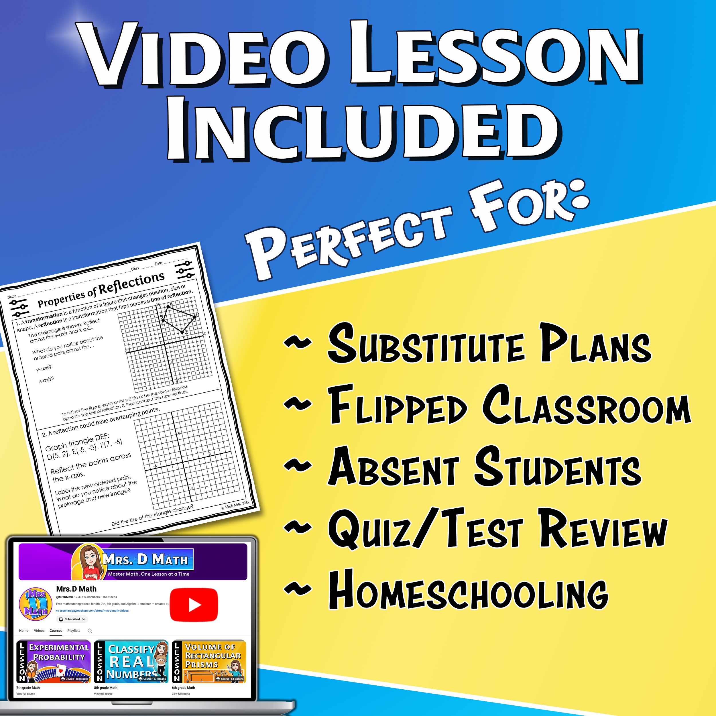 Properties of Reflections Video Lesson Worksheet | 8th grade