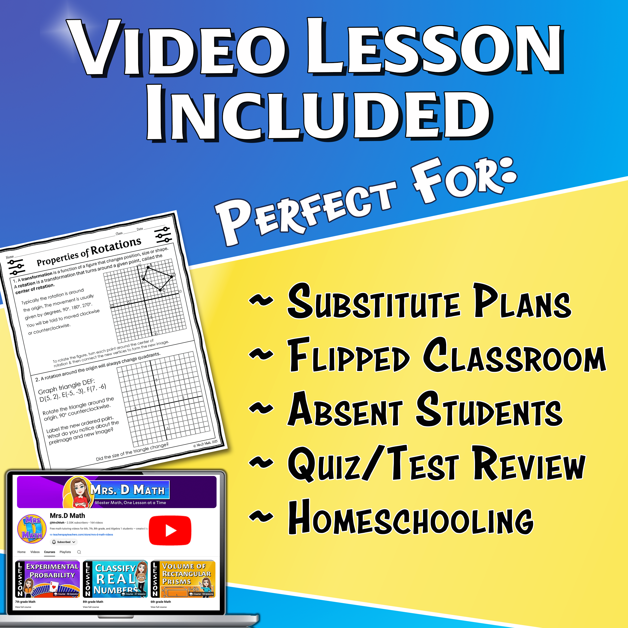 Properties of Rotations Video Lesson Worksheet | 8th grade