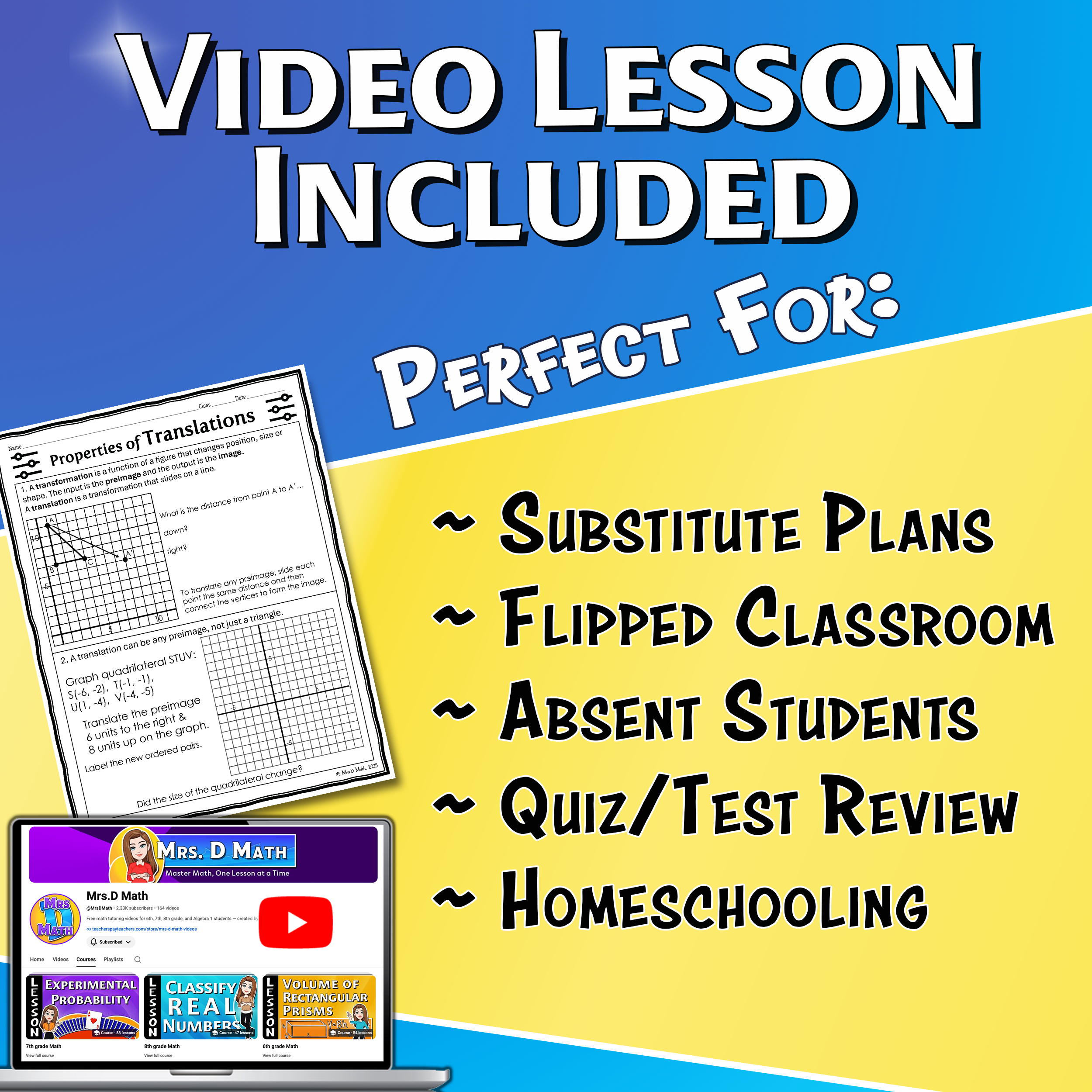 Properties of Translations Video Lesson Worksheet | 8th grade