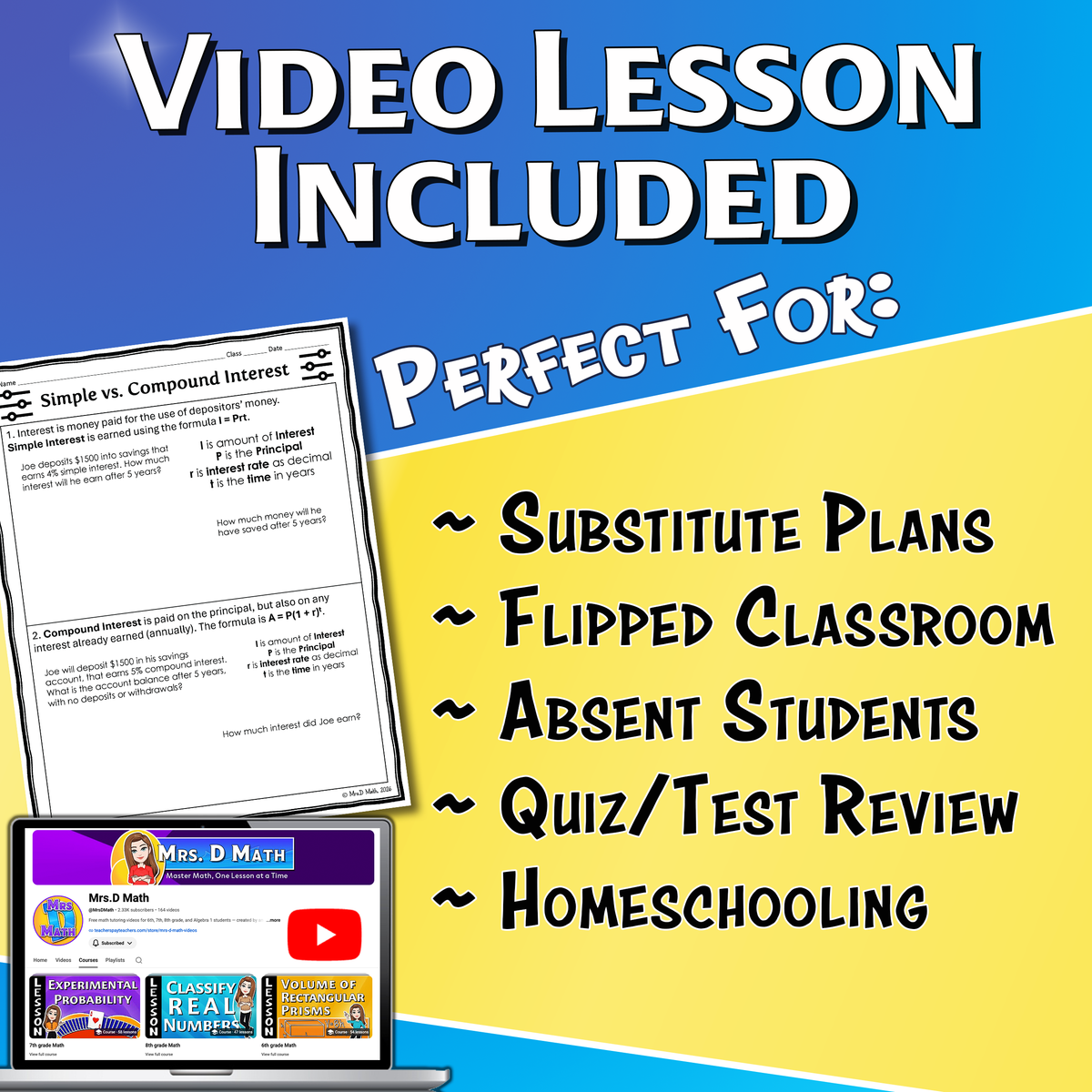 Simple vs. Compound Interest Video Lesson Worksheet | 8th grade