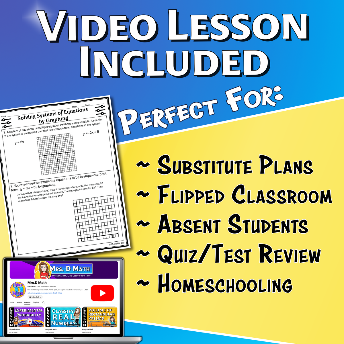 Solving Systems of Equations by Graphing Video Lesson Worksheet | 8th grade